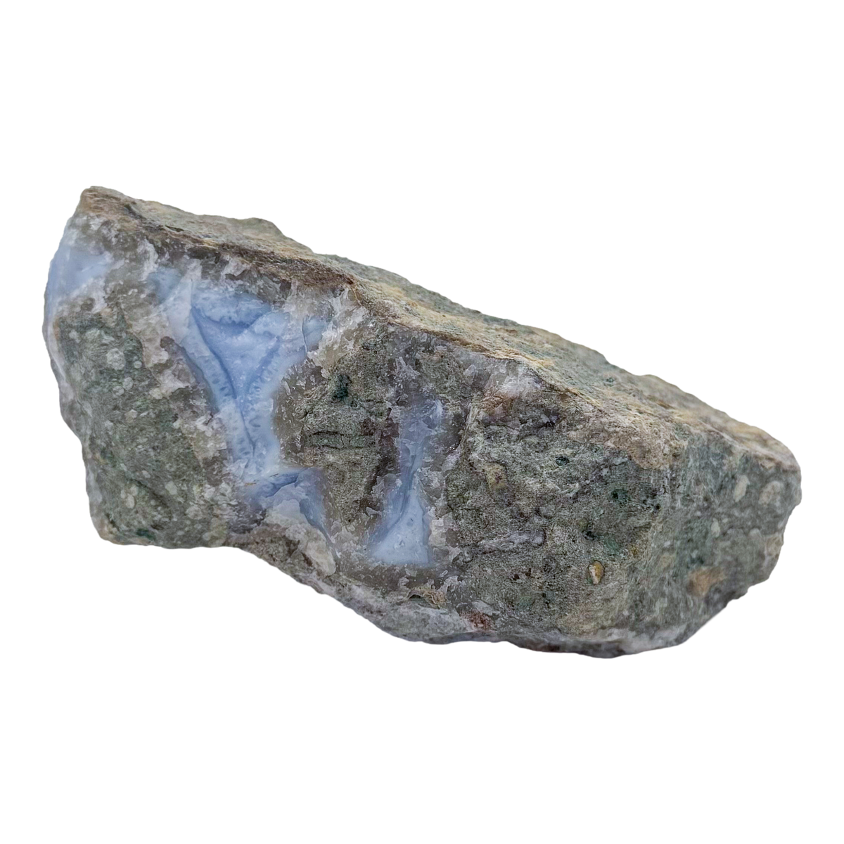 Blue lace agate raw geode, rear view of rough host rock