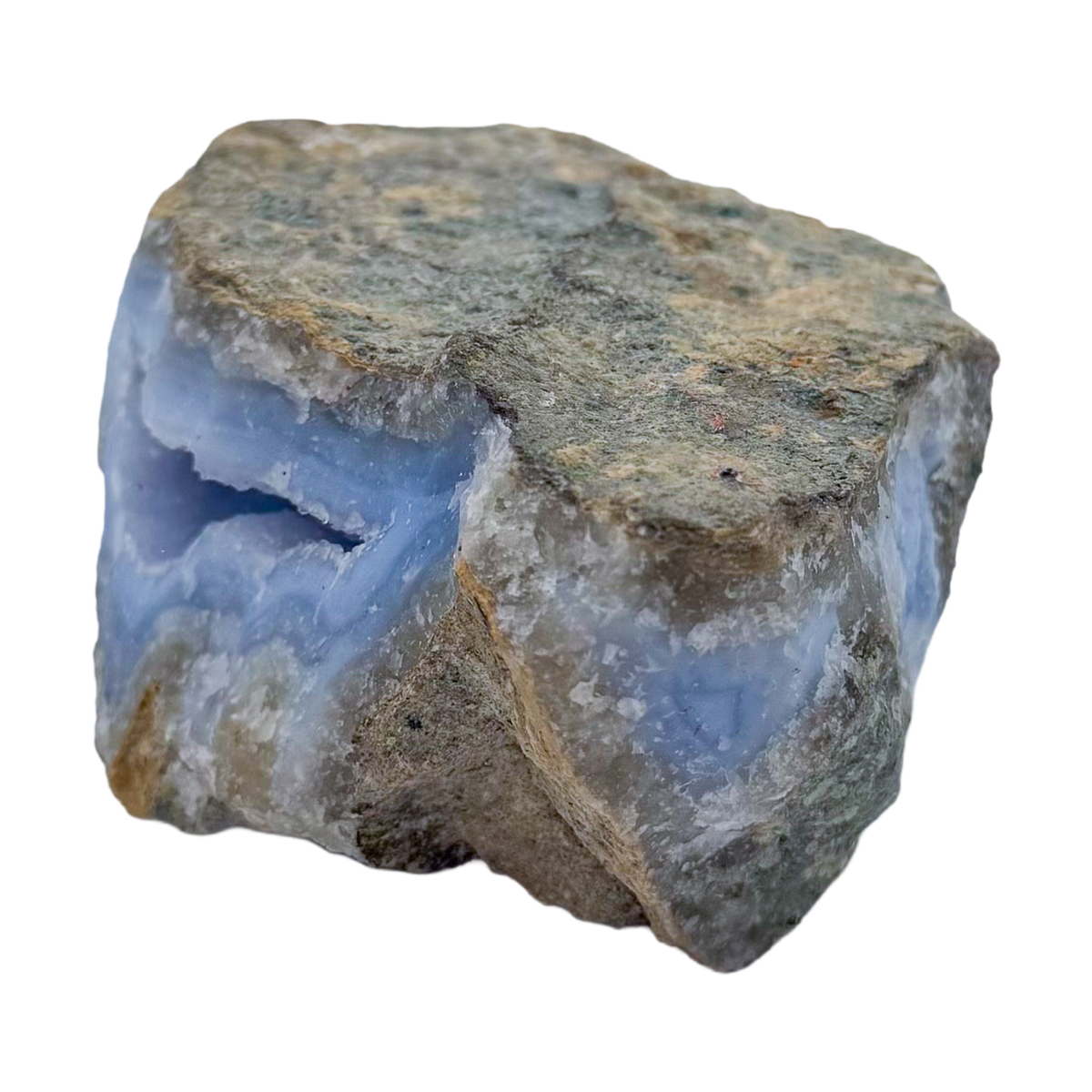 Blue lace agate raw geode from Malawi, AA grade, pale blue banded chalcedony in a natural cavity