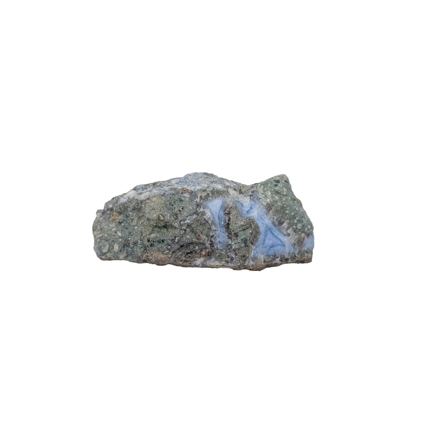 Blue lace agate raw geode, close view of druzy crystal texture