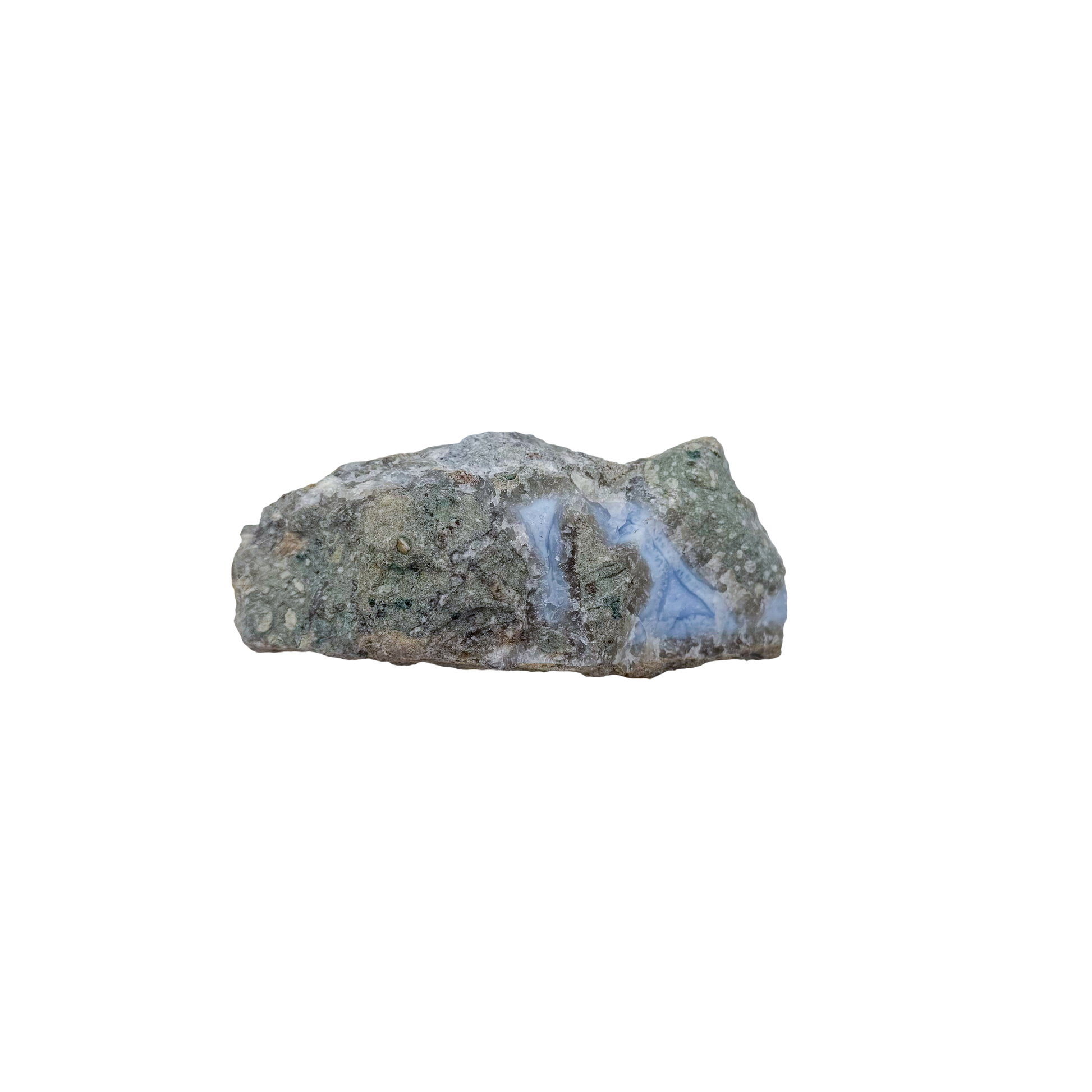 Blue lace agate raw geode, close view of druzy crystal texture