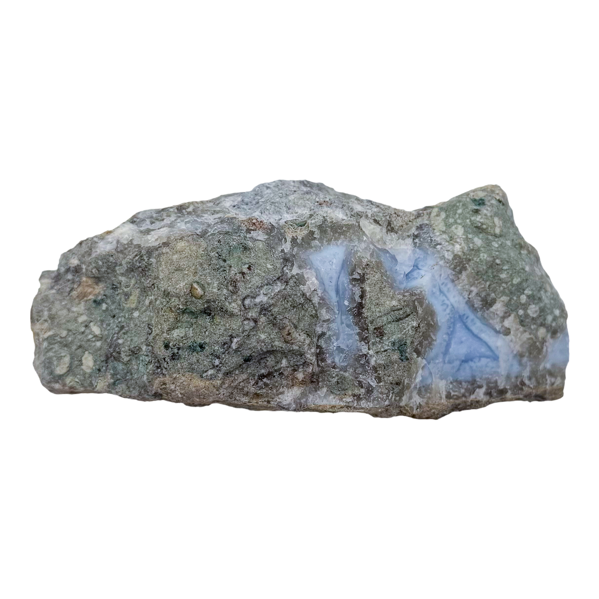 Blue lace agate raw geode, close view of druzy crystal texture