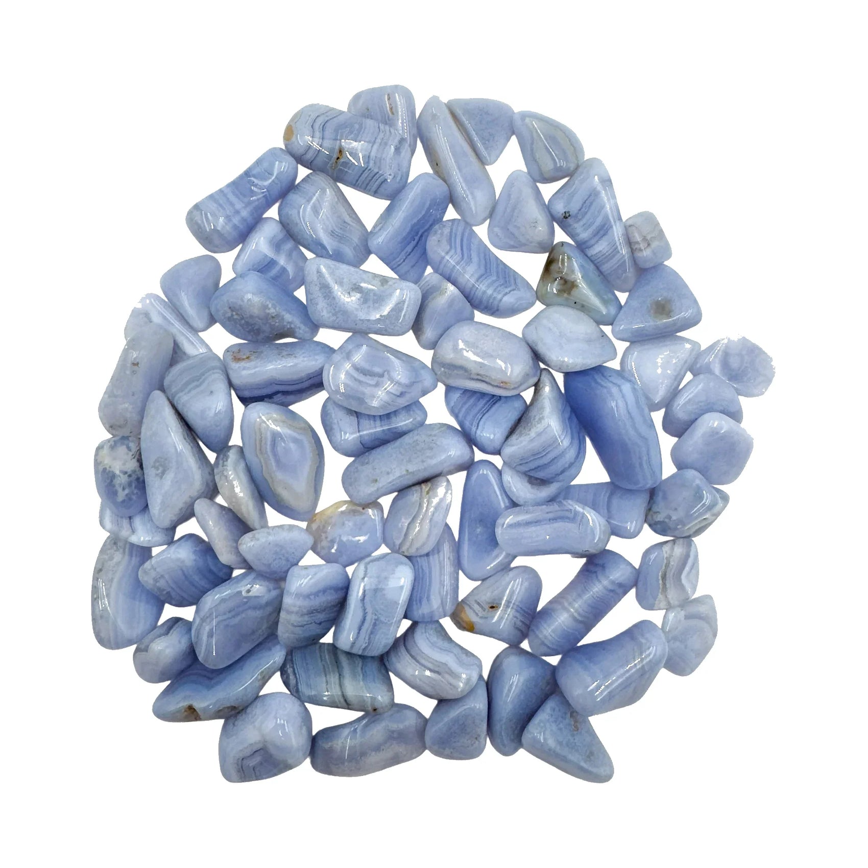 Blue Lace Agate tumbled stones, AA grade, Namibia origin, hero view.