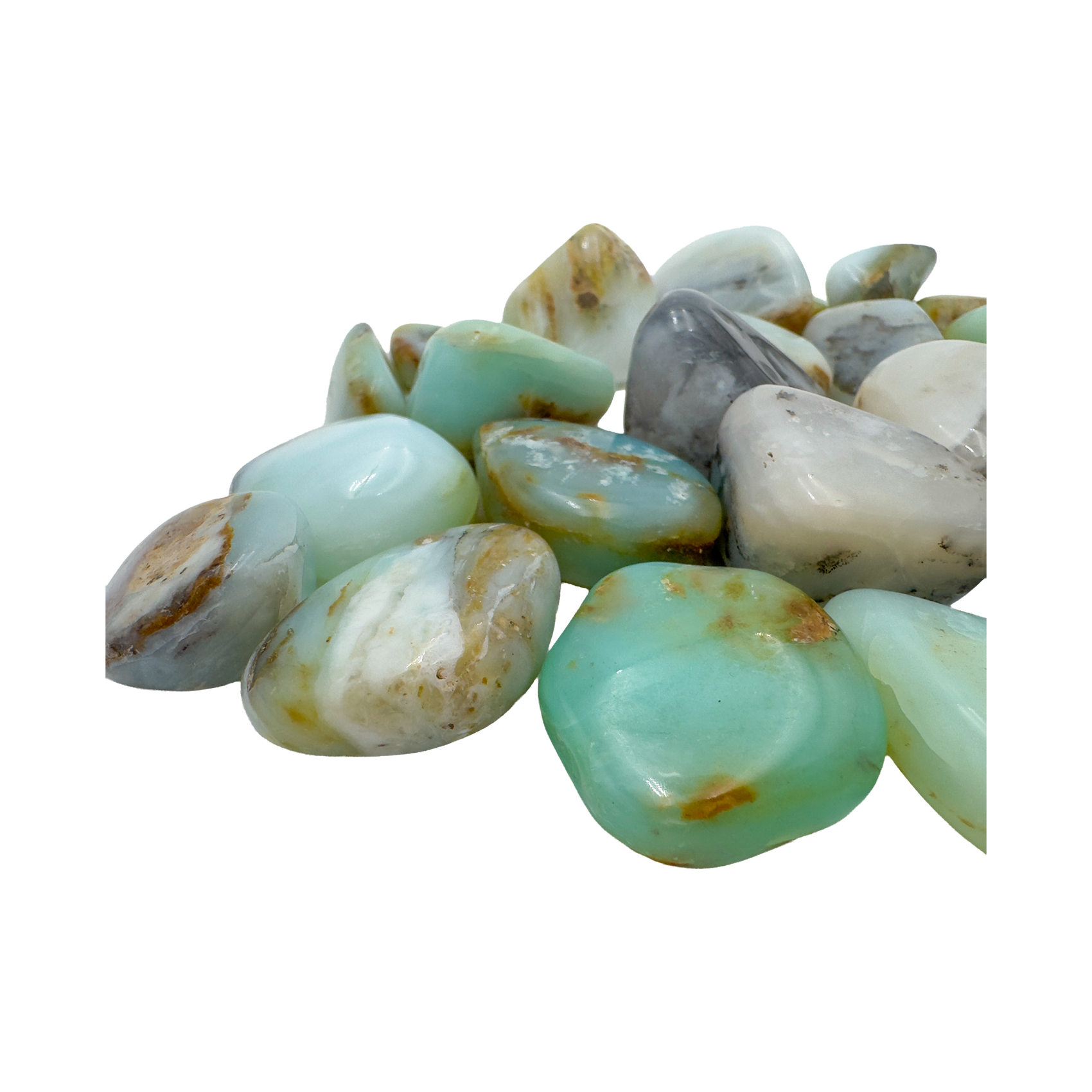 Detail of Grade A Andean Blue Opal tumbled stone showing natural color depth