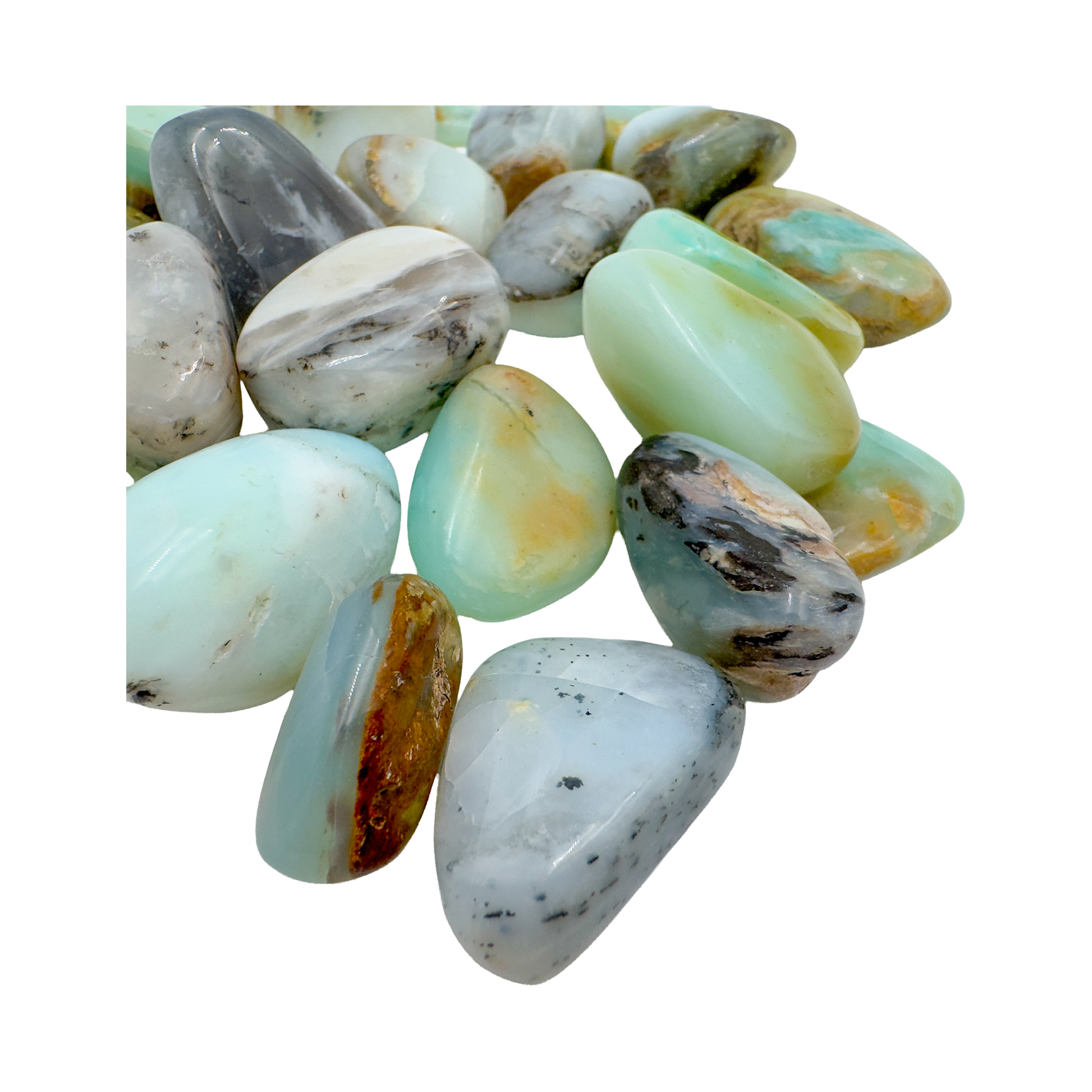 Side angle of Blue Opal tumbled stone from Acari, Peru
