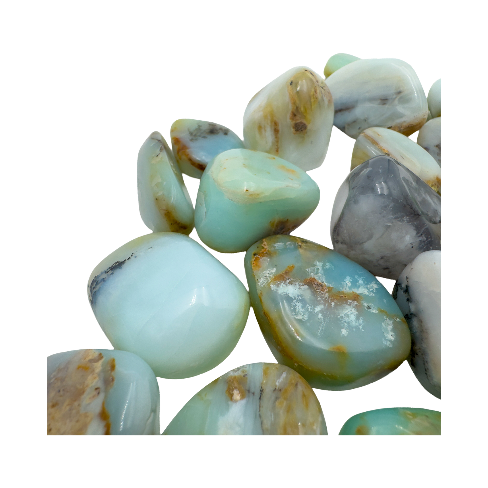 Top view of Andean Blue Opal tumbled stone, A grade Peru