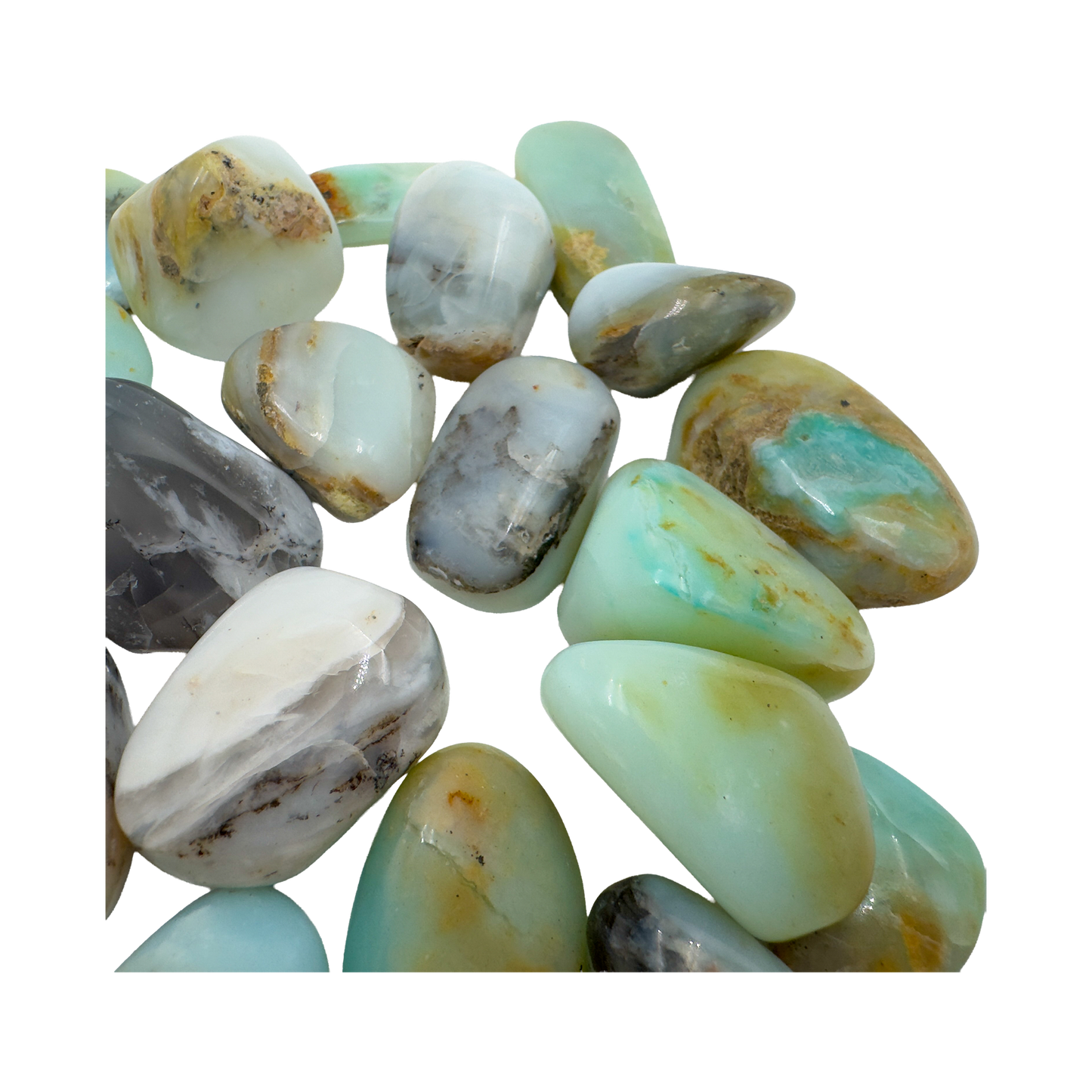 Blue Opal tumbled stone closeup showing waxy luster