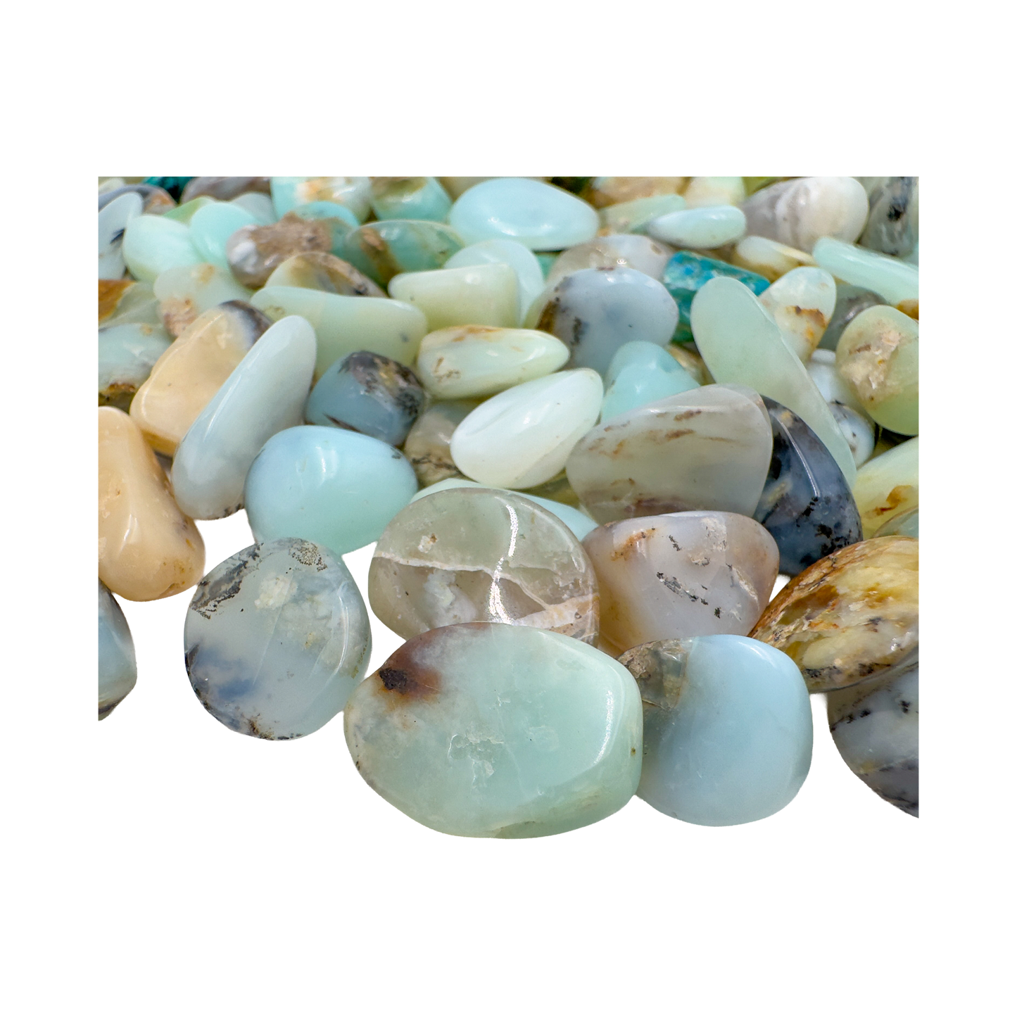 Detail of Grade AA small Blue Opal tumbled stone showing color saturation