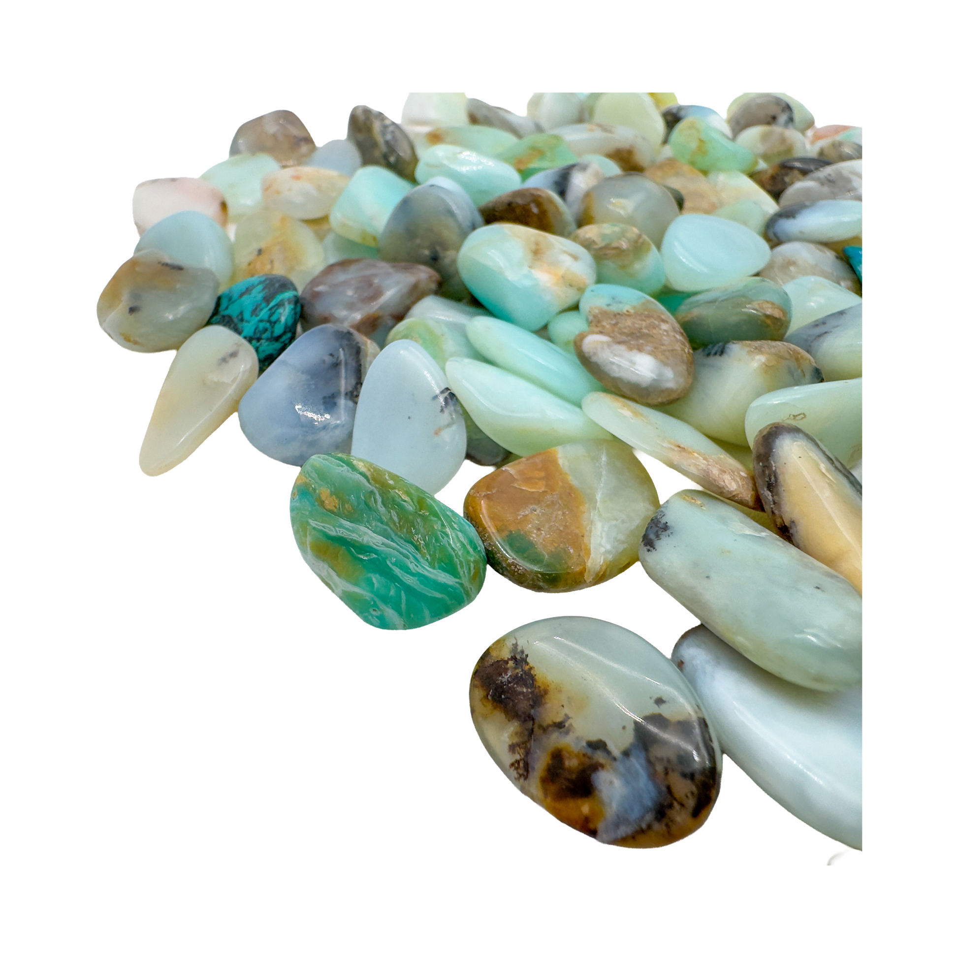 Side angle of small Blue Opal tumbled stones from Acari, Peru