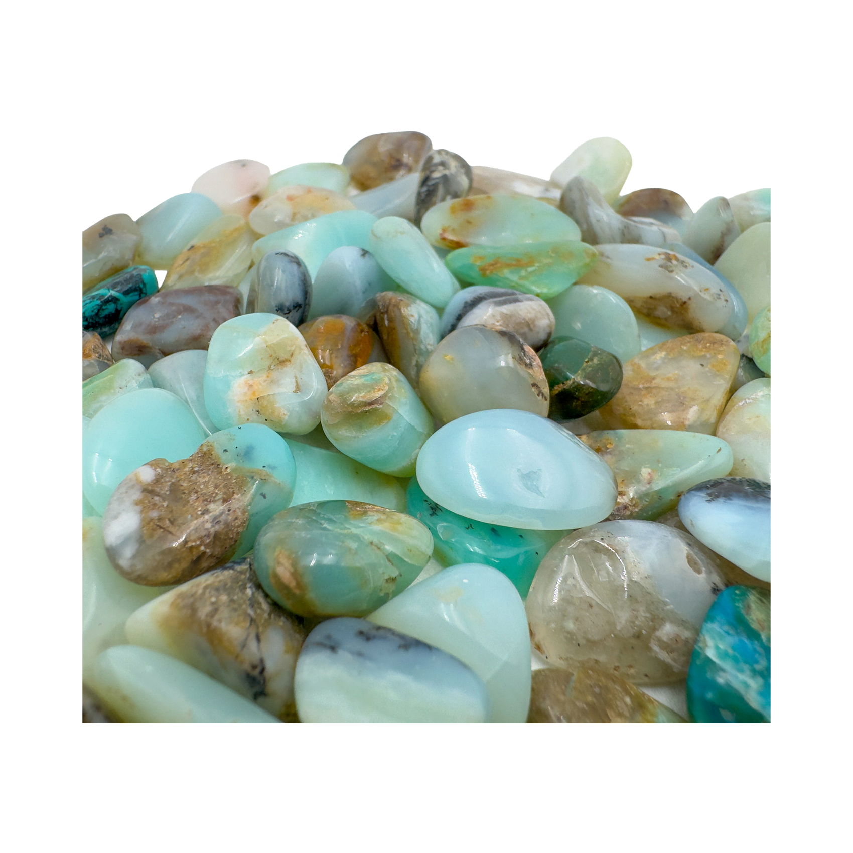 Bird's-eye view of small Blue Opal tumbled stones from Peru
