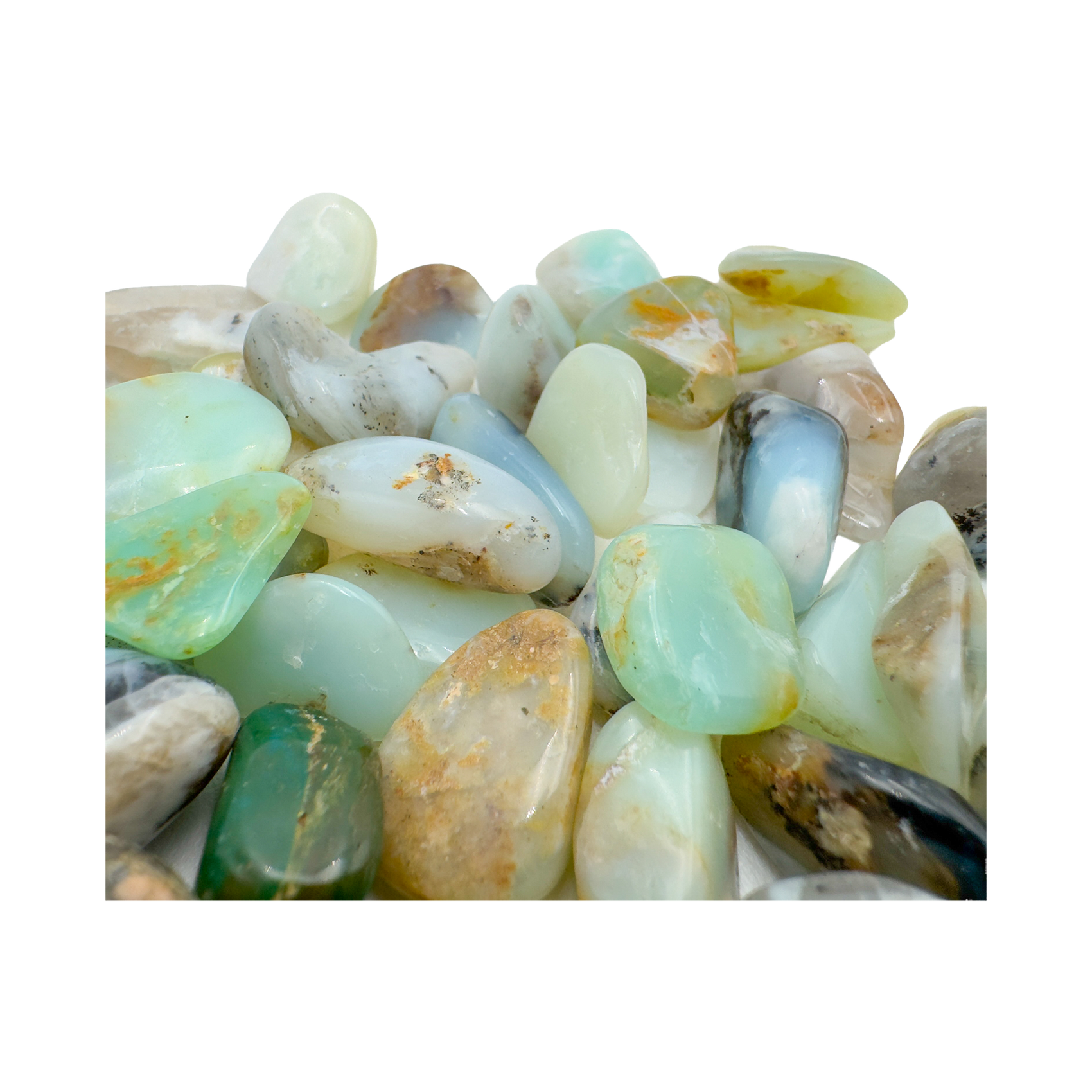Small Blue Opal tumbled stones closeup showing natural variation