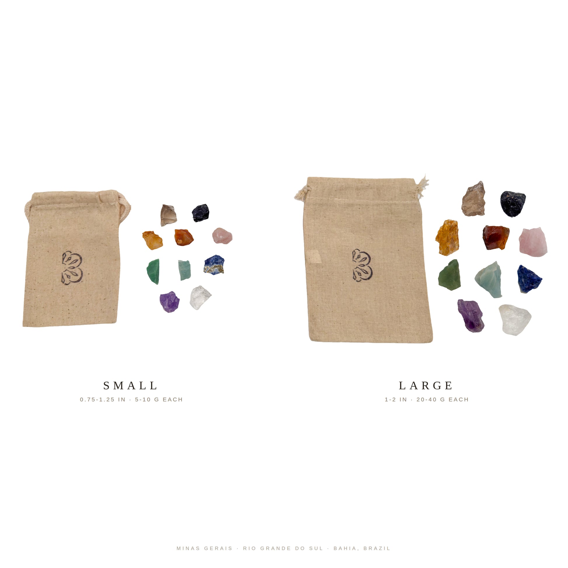 Both Brazilian raw crystal sets beside the reusable cotton bag each one ships in