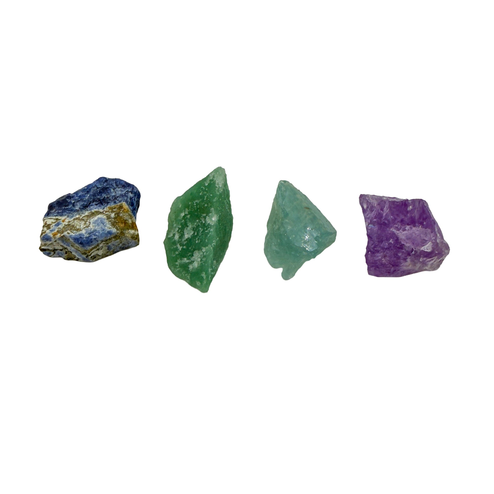 Small raw sodalite, green aventurine, aquamarine and amethyst, second angle showing rough color depth