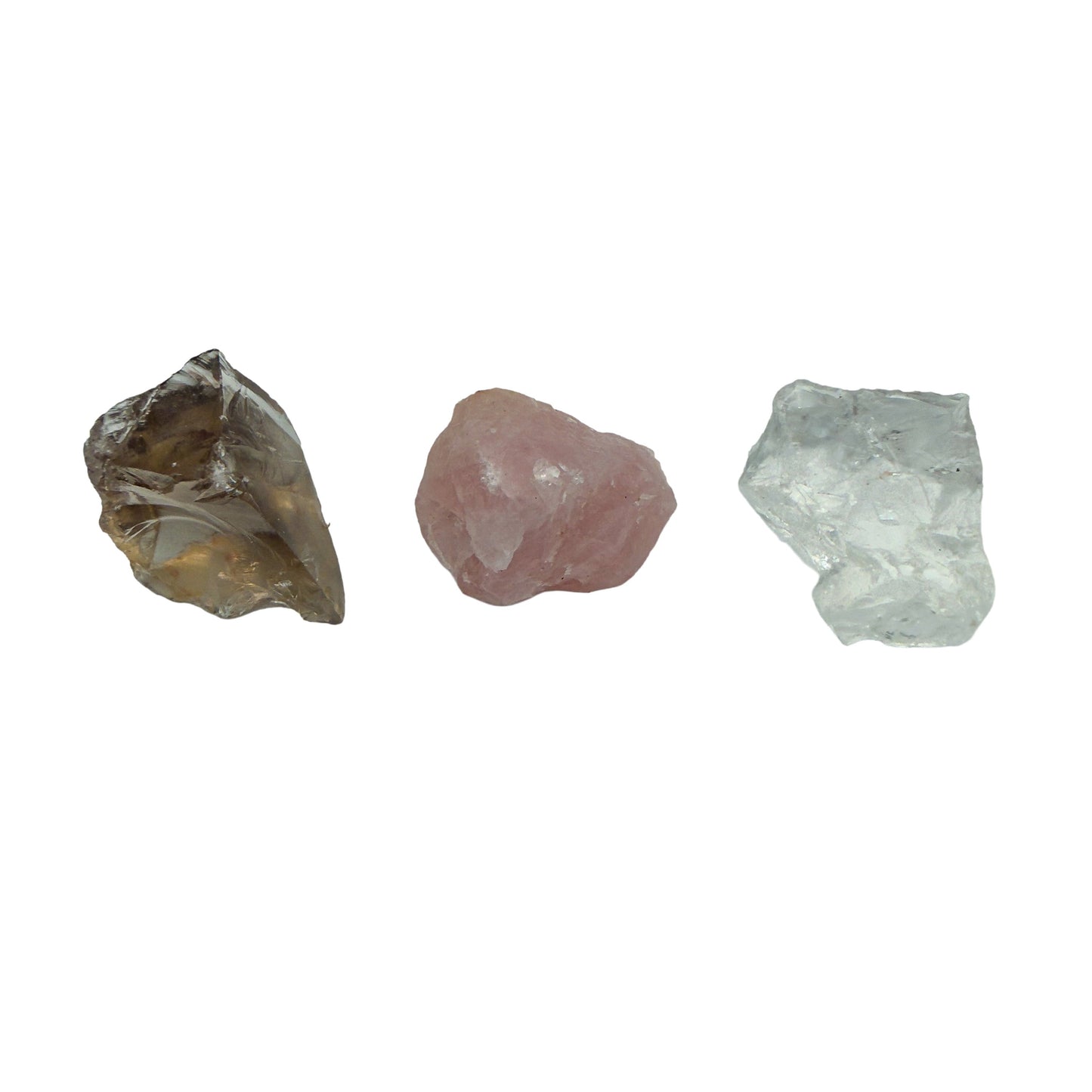 Small raw smoky quartz, clear quartz and rose quartz, second angle showing internal veils
