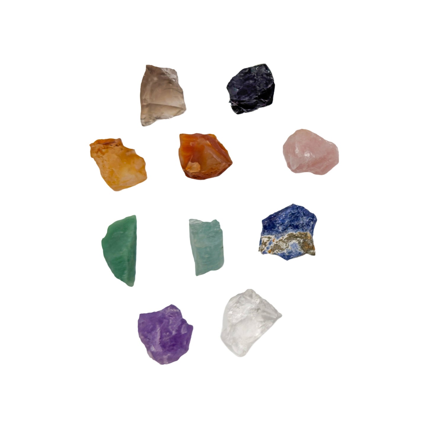 Small Brazilian raw crystal set, ten rough stones at 0.75 to 1.25 inches each