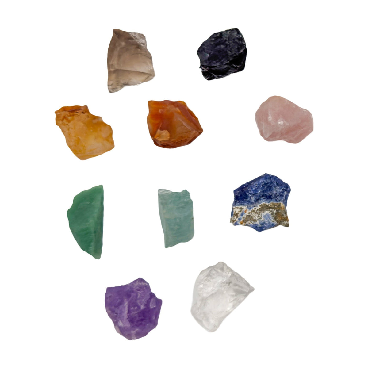 Small Brazilian raw crystal set, ten rough stones at 0.75 to 1.25 inches each