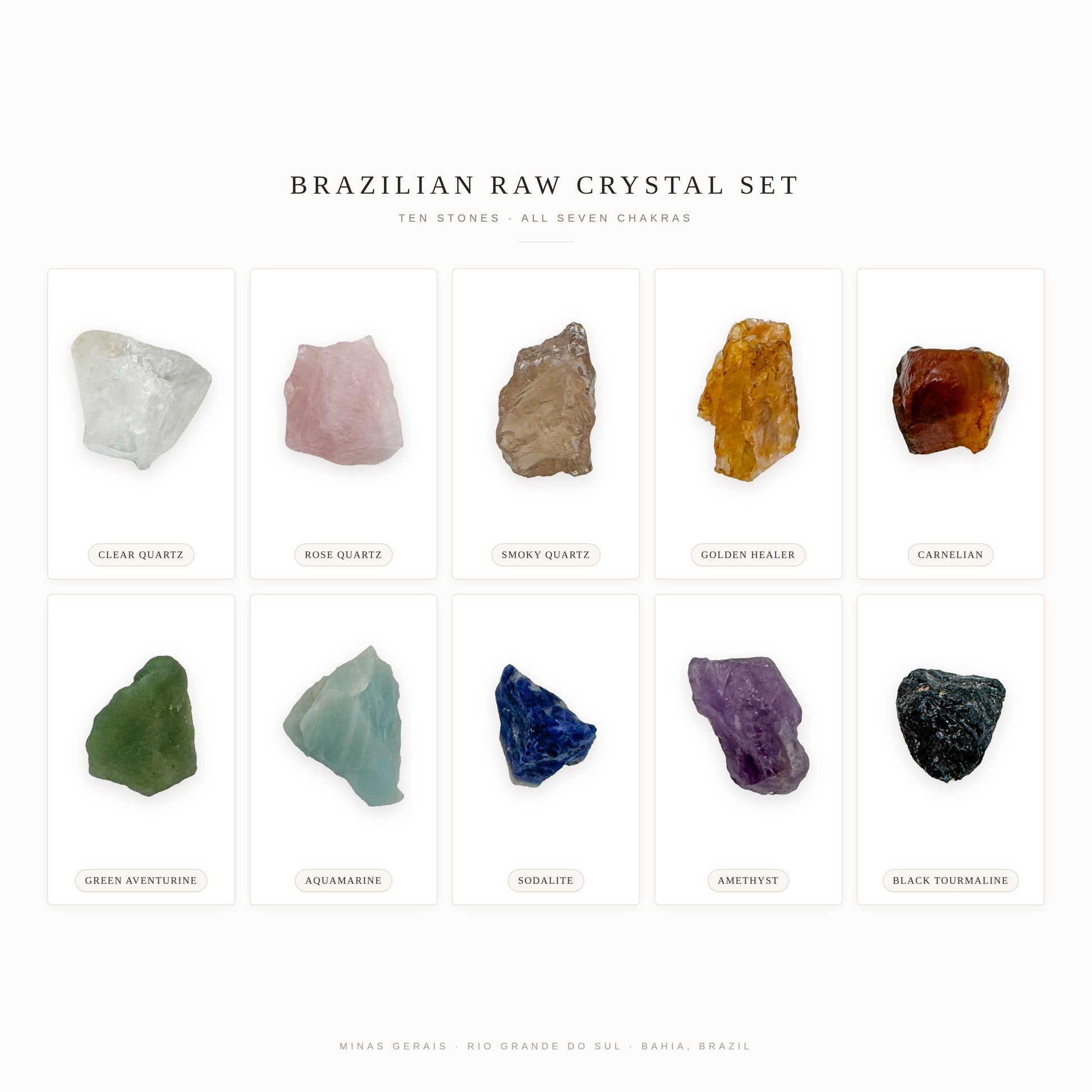 All ten stones in the Brazilian raw crystal set shown separately in named specimen cards