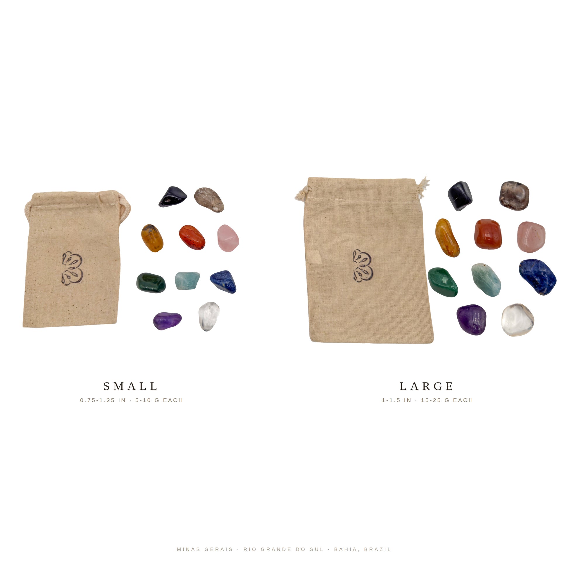 Both Brazilian tumbled stone sets beside the reusable cotton bag each one ships in