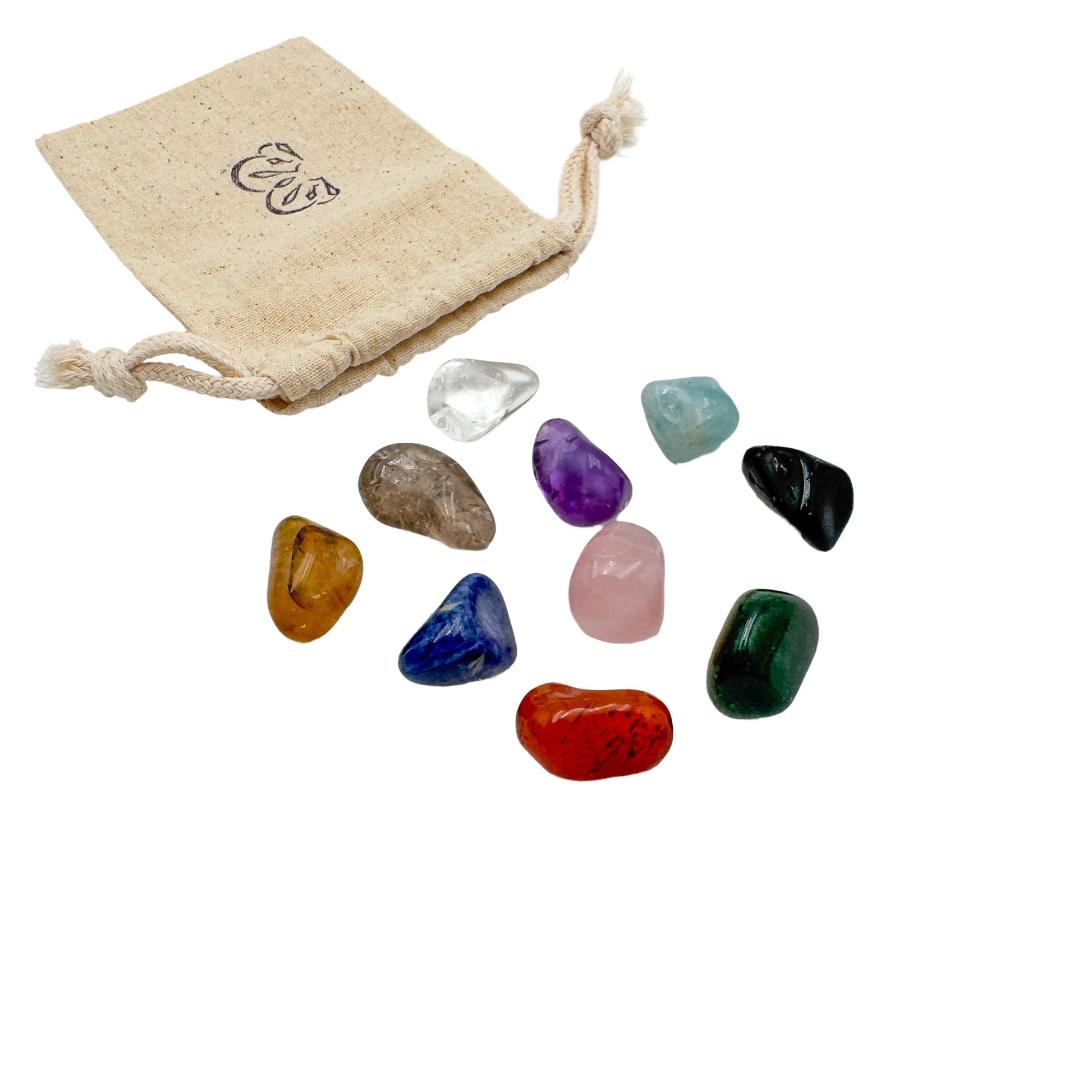 Ten large Brazilian tumbled stones spilling from the reusable cotton bag they ship in