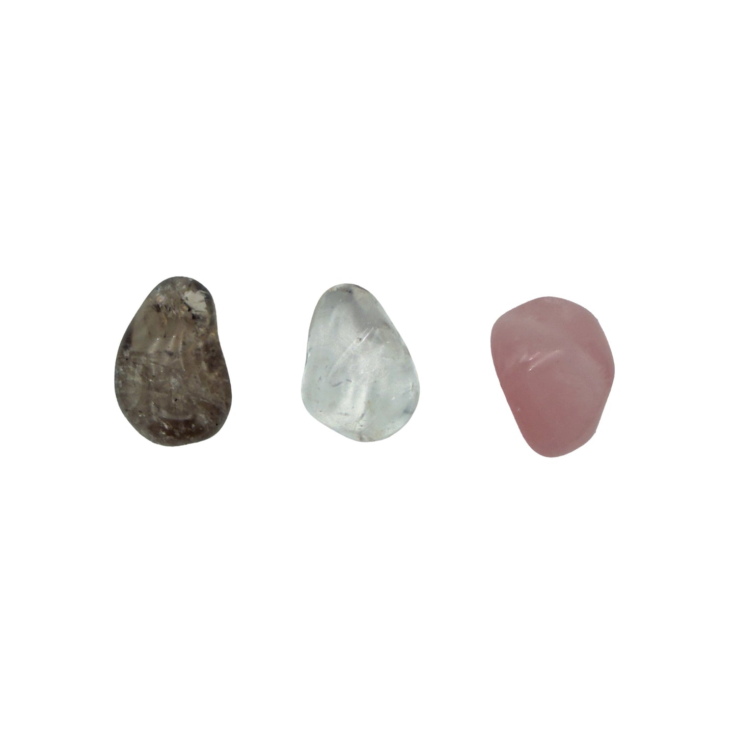 Small tumbled smoky quartz, clear quartz and rose quartz, second angle showing translucency