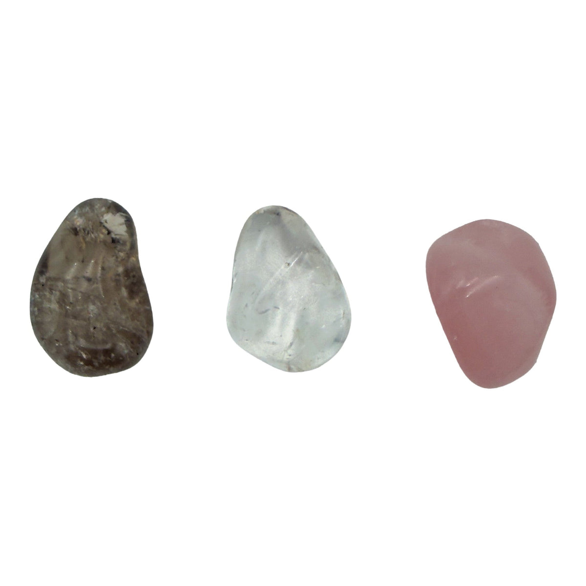 Small tumbled smoky quartz, clear quartz and rose quartz, second angle showing translucency