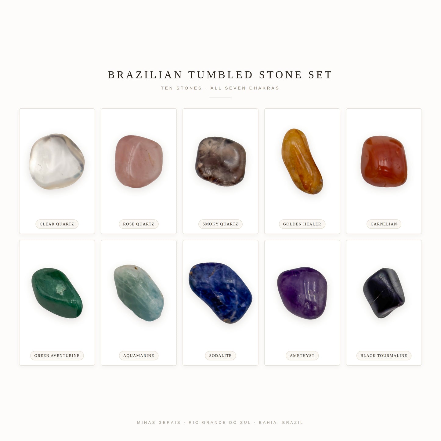 All ten stones in the Brazilian tumbled stone set shown separately in named specimen cards