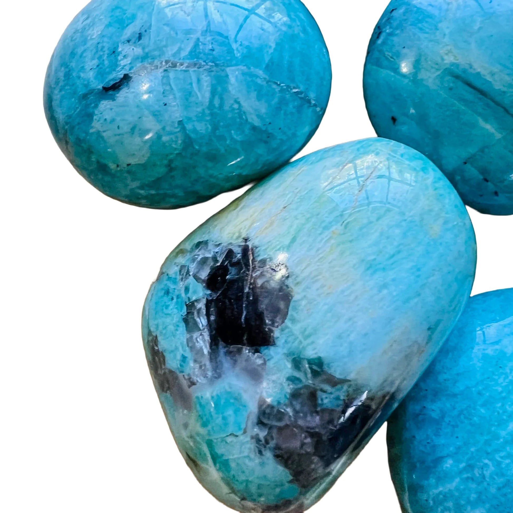 Lateral view of Amazonite palm stone, showing glassy finish.