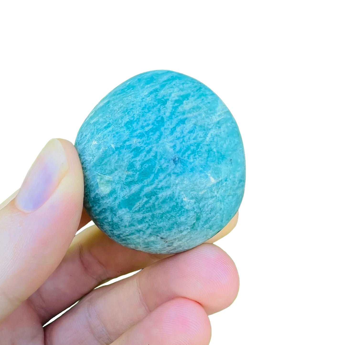 Back view of Grade A Amazonite palm stone showing natural surface