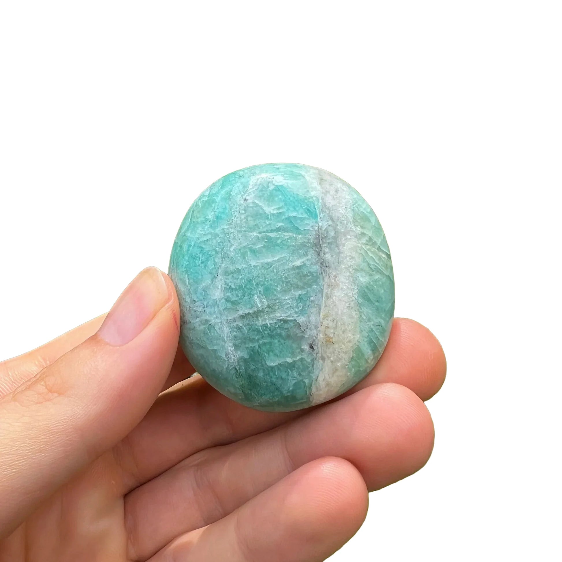 Detail shot of Grade A Amazonite palm stone under natural light