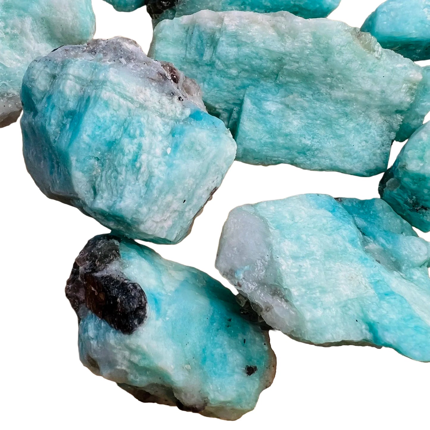 Lateral view of Amazonite raw stone, hand-selected from Amboasitra, Madagascar, drawn on for Stress Relief and Emotional Healing.