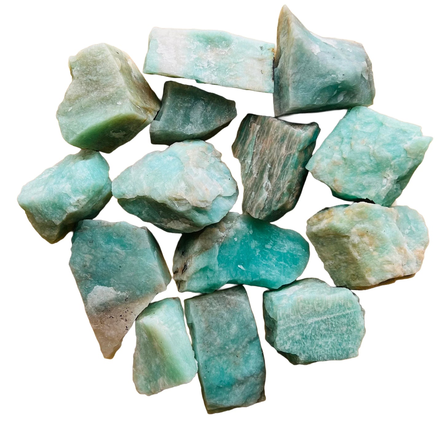 Close-up of Grade A blue Amazonite raw stone, often paired with practices around Stress Relief, showing characteristic finish.