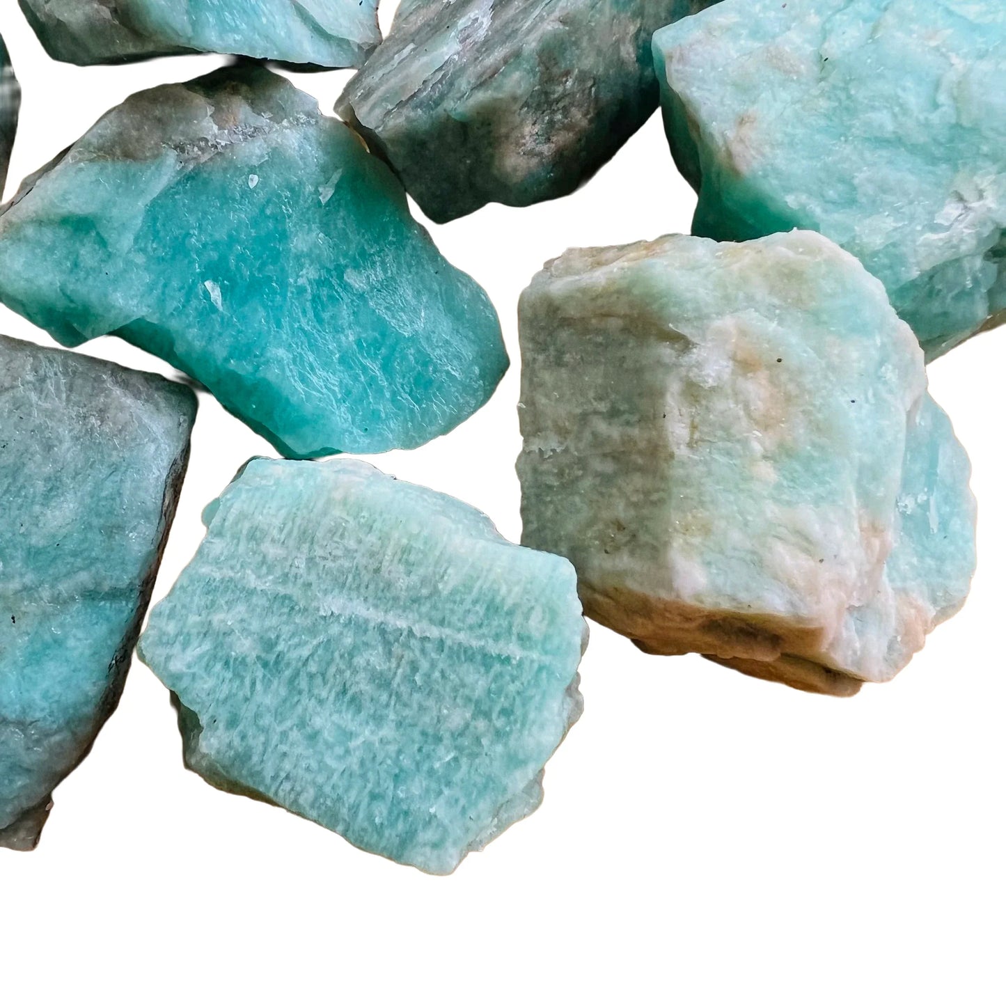 Edge view of Grade A Amazonite raw stone, showing natural inclusions.
