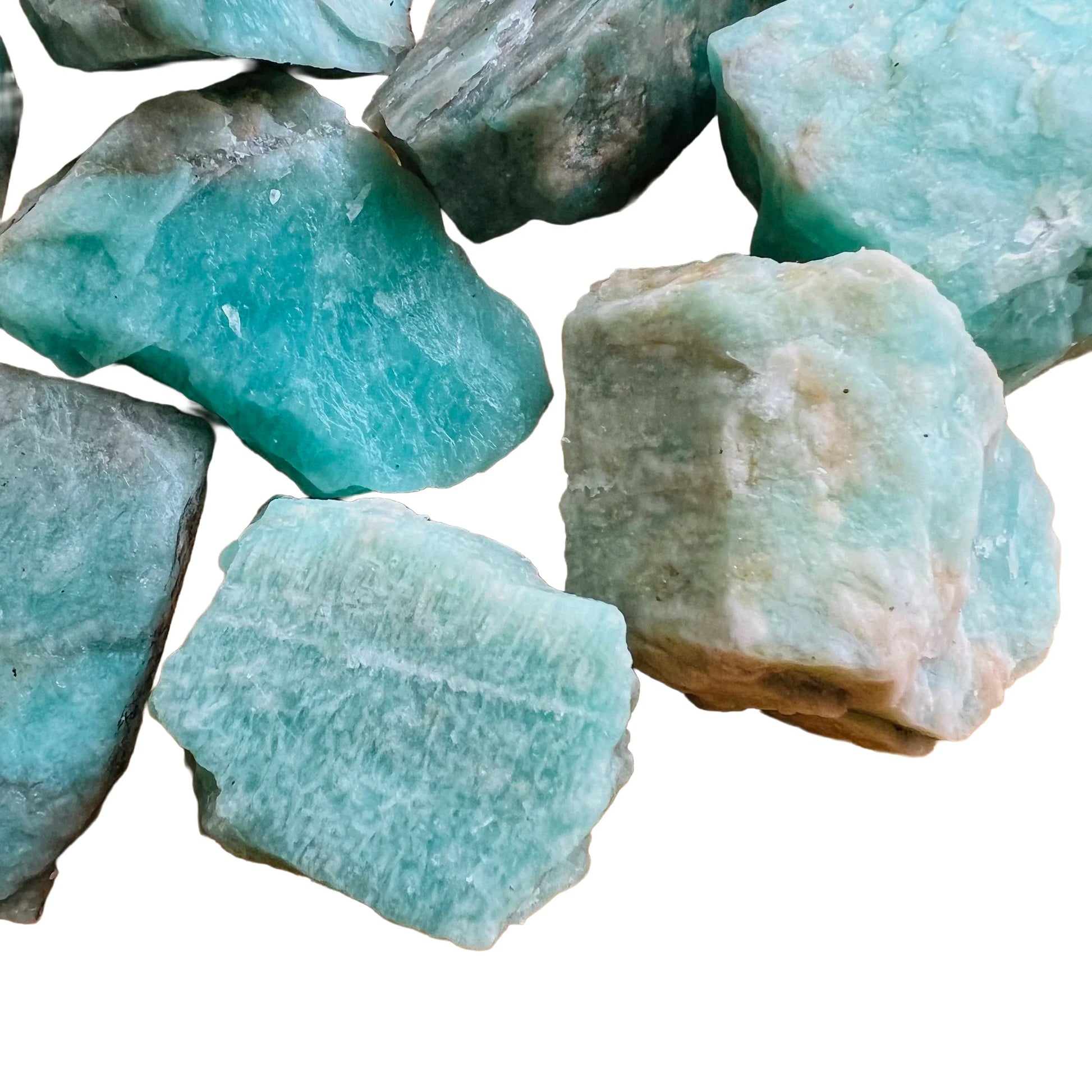 Edge view of Grade A Amazonite raw stone, showing natural inclusions.
