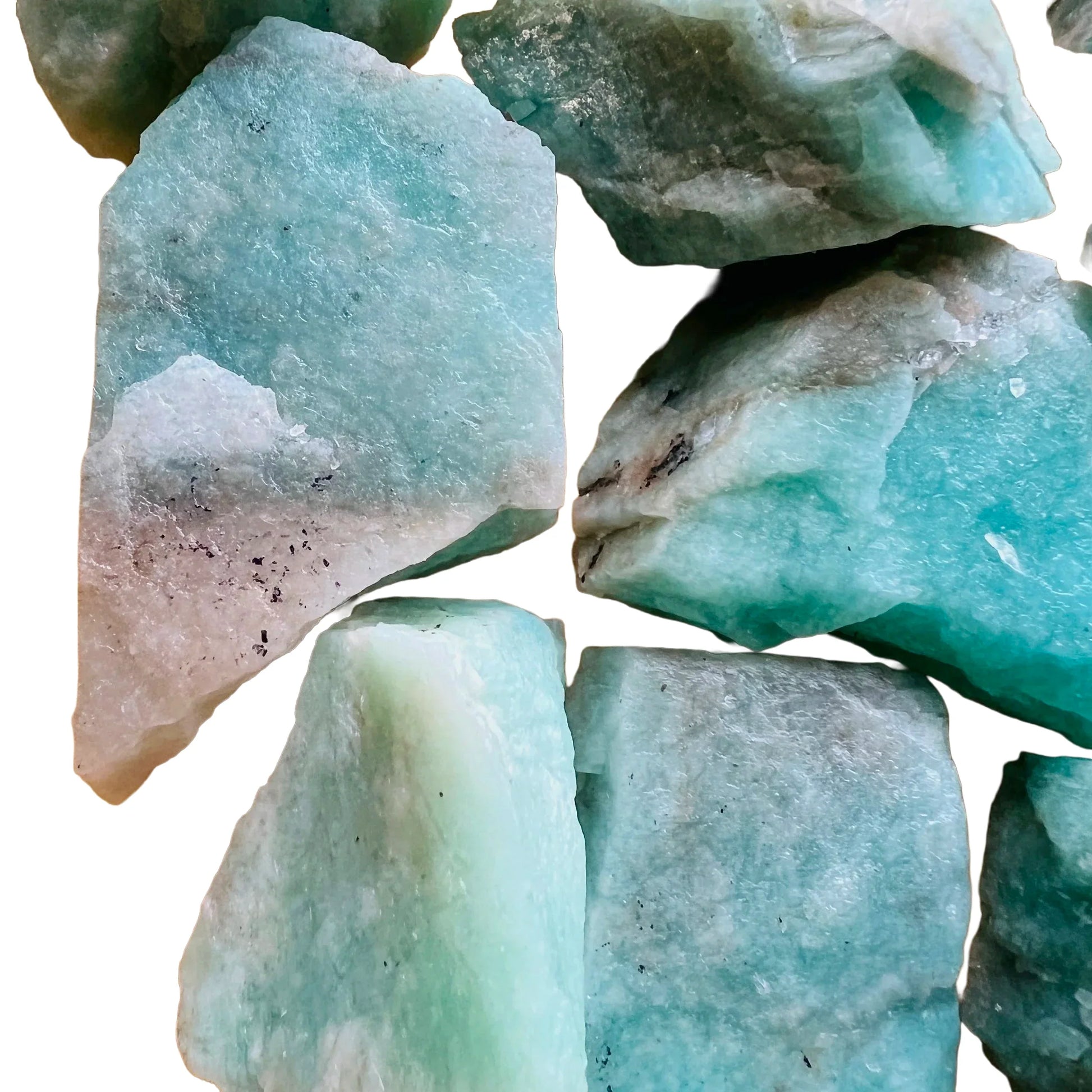 Overhead view of Amazonite raw stone, for Stress Relief, from Minas Gerais, Brazil.