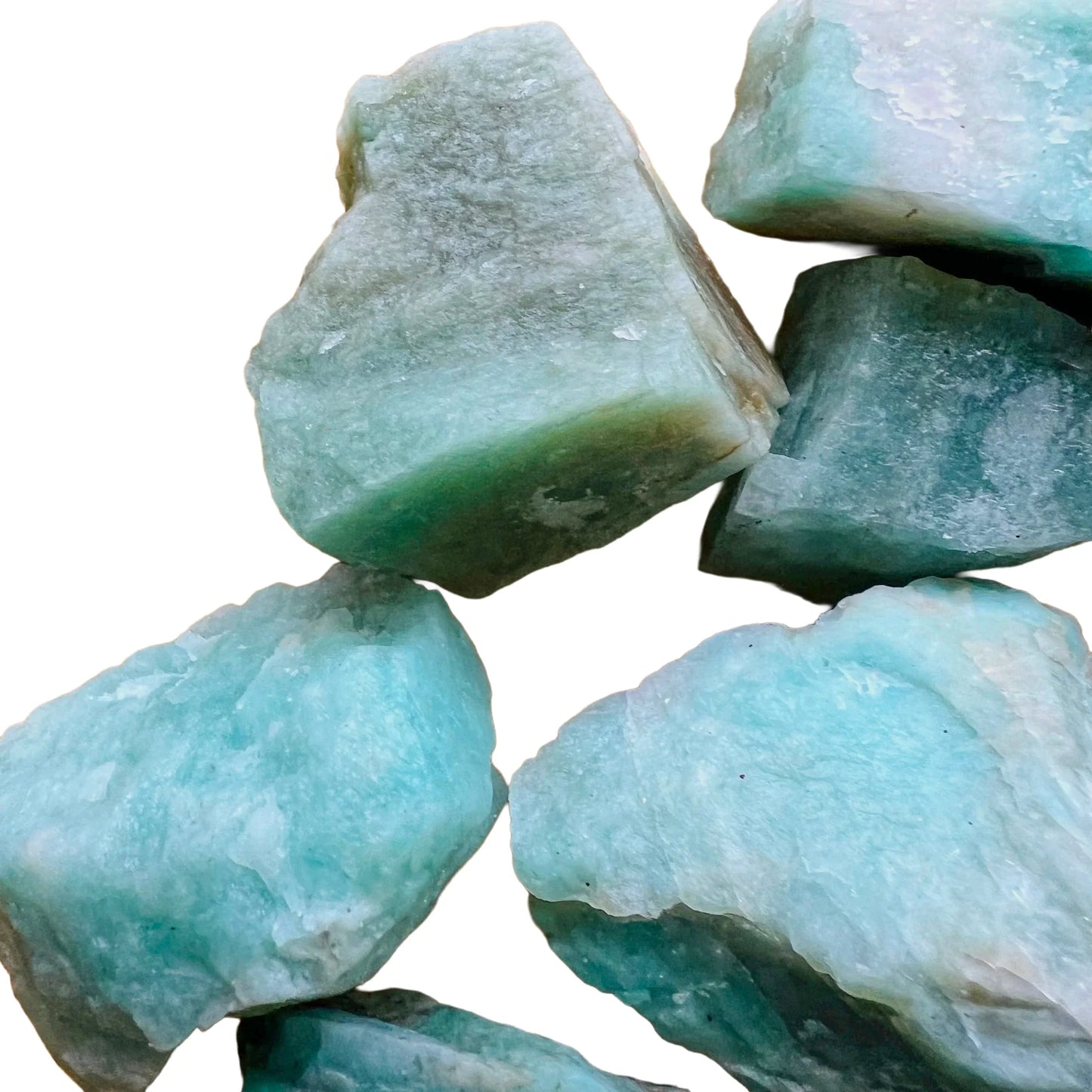 Rear view of Amazonite raw stone, showing tight grain, kept close for Stress Relief and Emotional Healing.