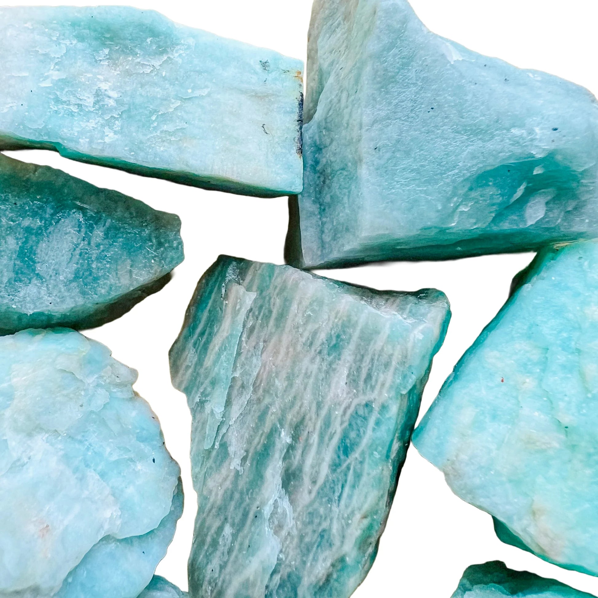 Palm-scale view of a Amazonite raw stone to support Stress Relief, sourced from Minas Gerais, Brazil.