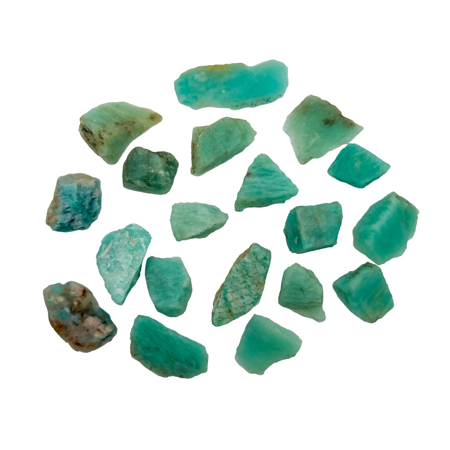 Detail shot showing blue Amazonite raw stone, showing natural inclusions.