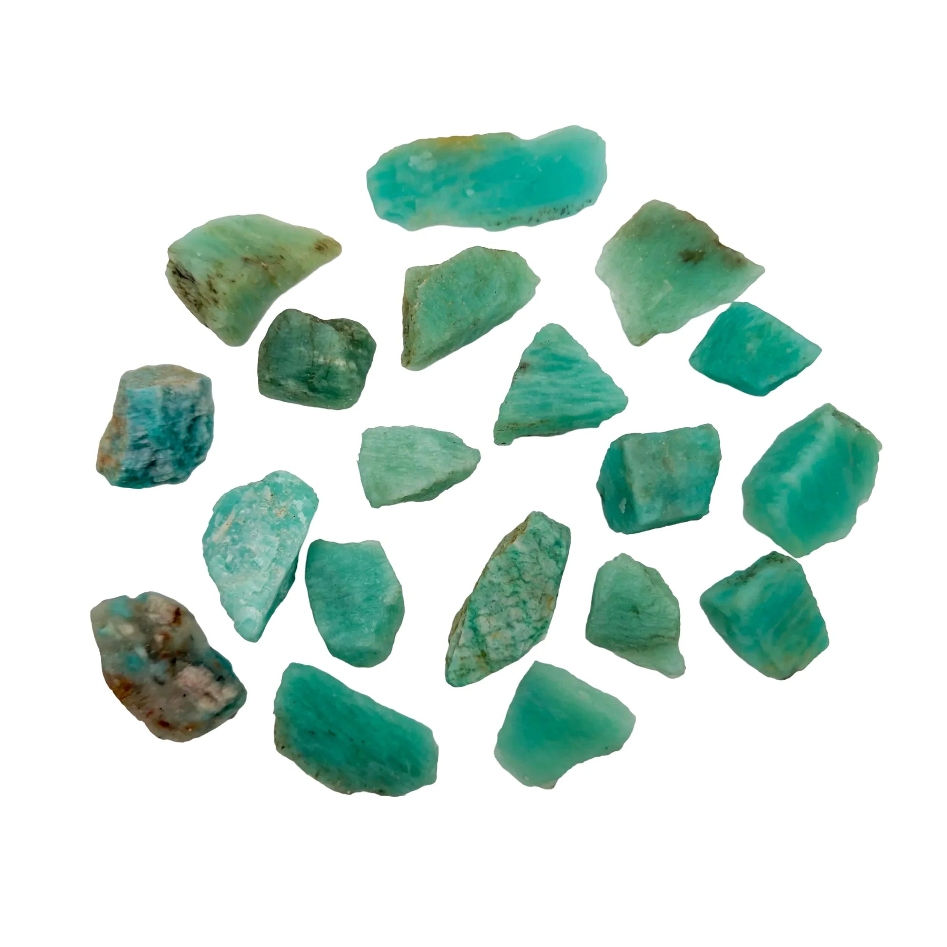 Detail shot showing blue Amazonite raw stone, showing natural inclusions.