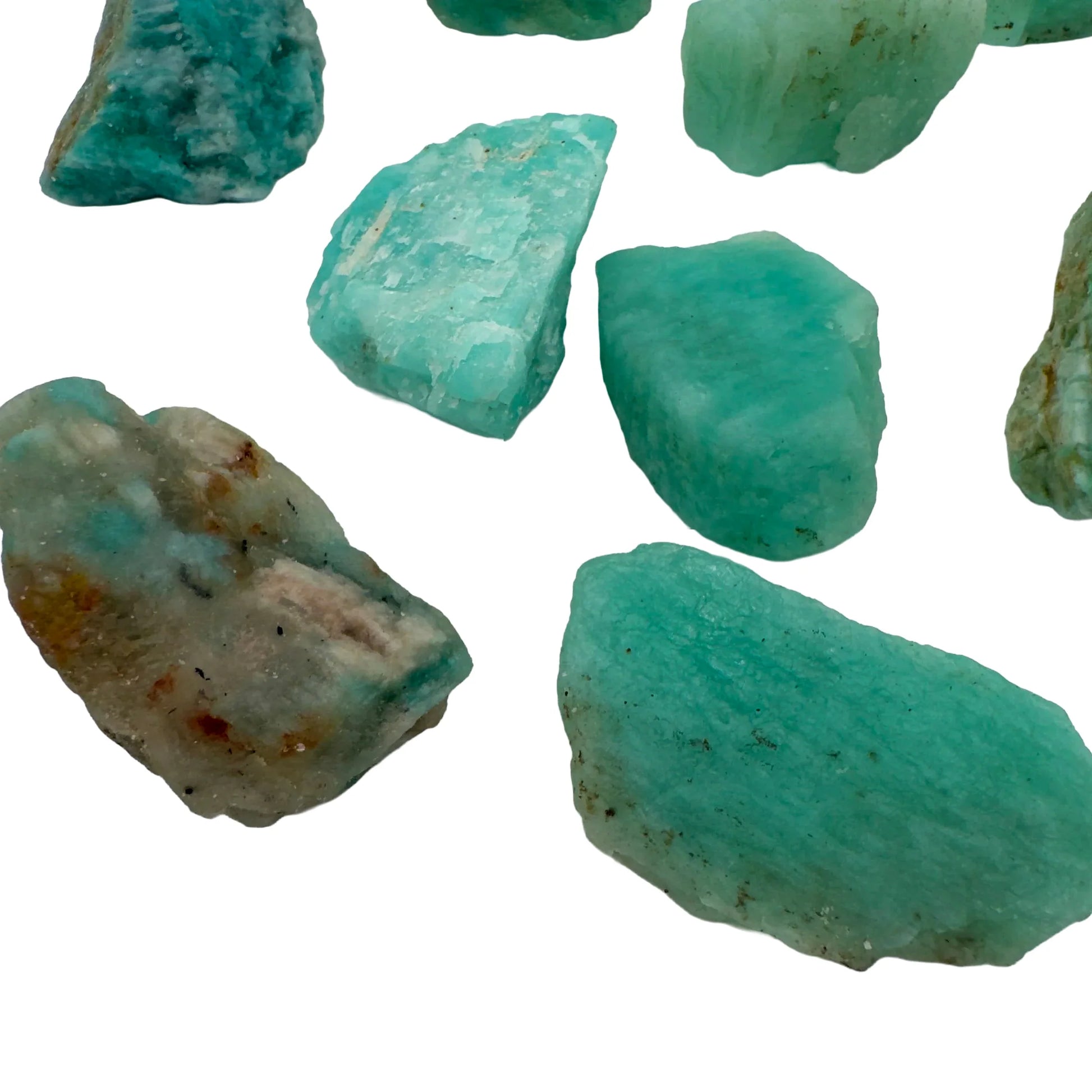 Profile view of Amazonite raw stone, showing tight grain.