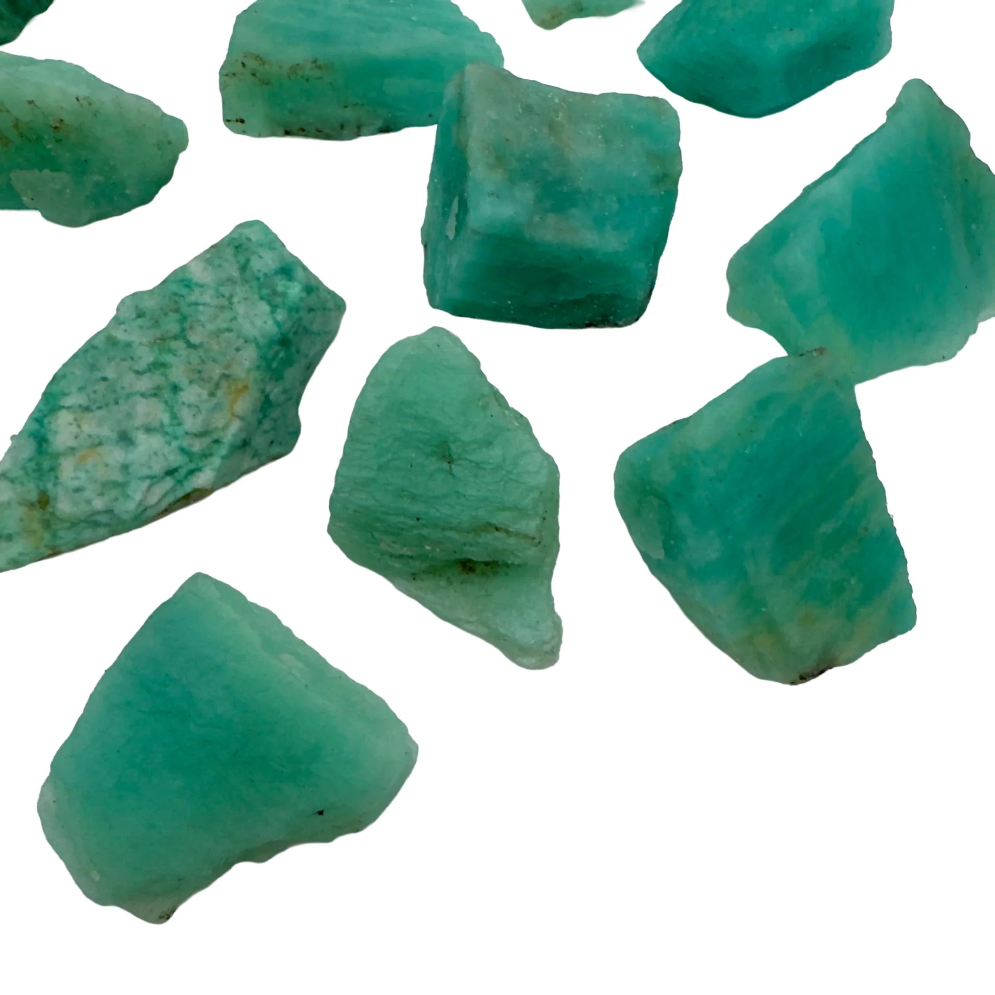 Top-down shot of Amazonite raw stone, from Mozambique, showing natural variation.
