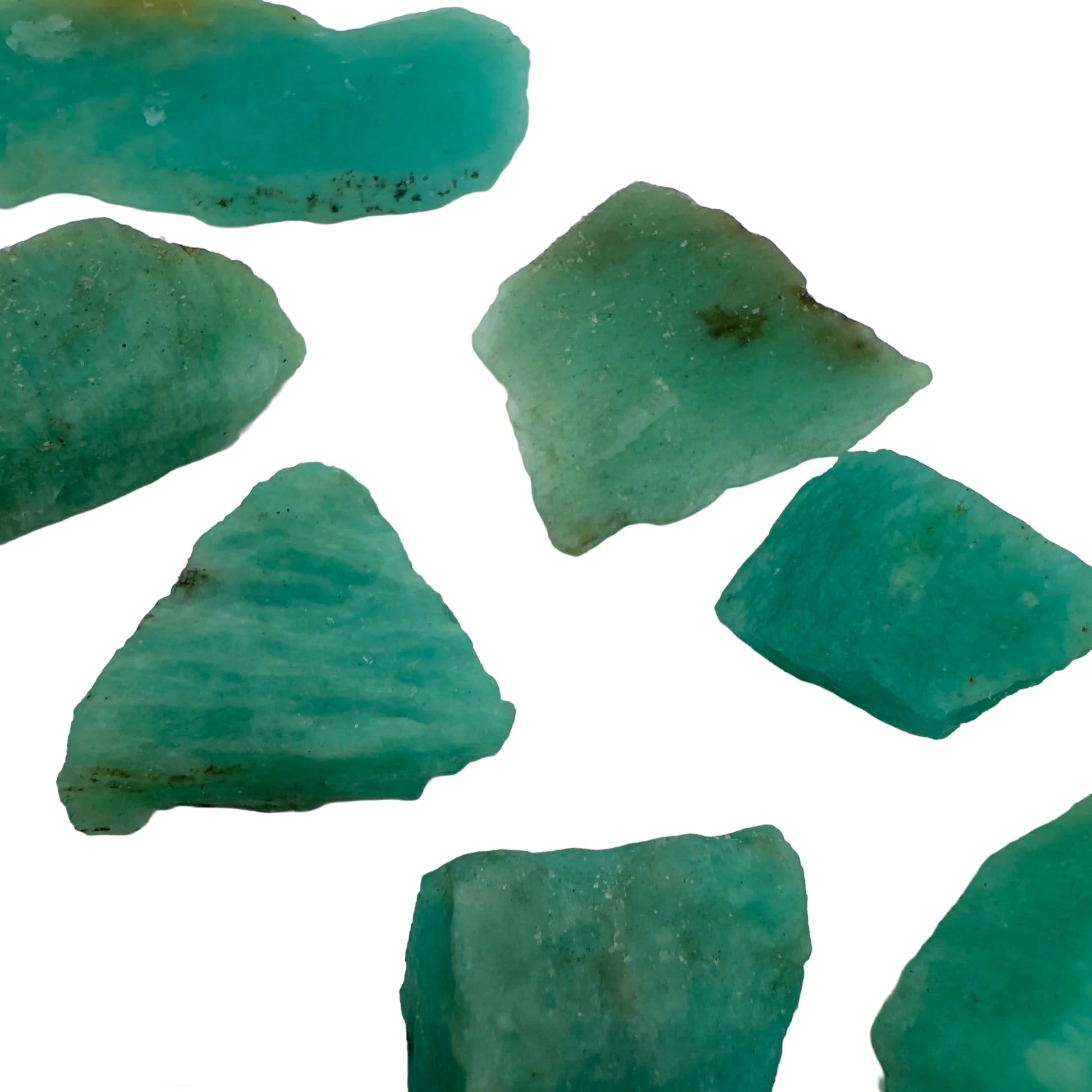 Underside view of Amazonite raw stone, hand-selected from Zambezia, Mozambique, linked to Stress Relief.
