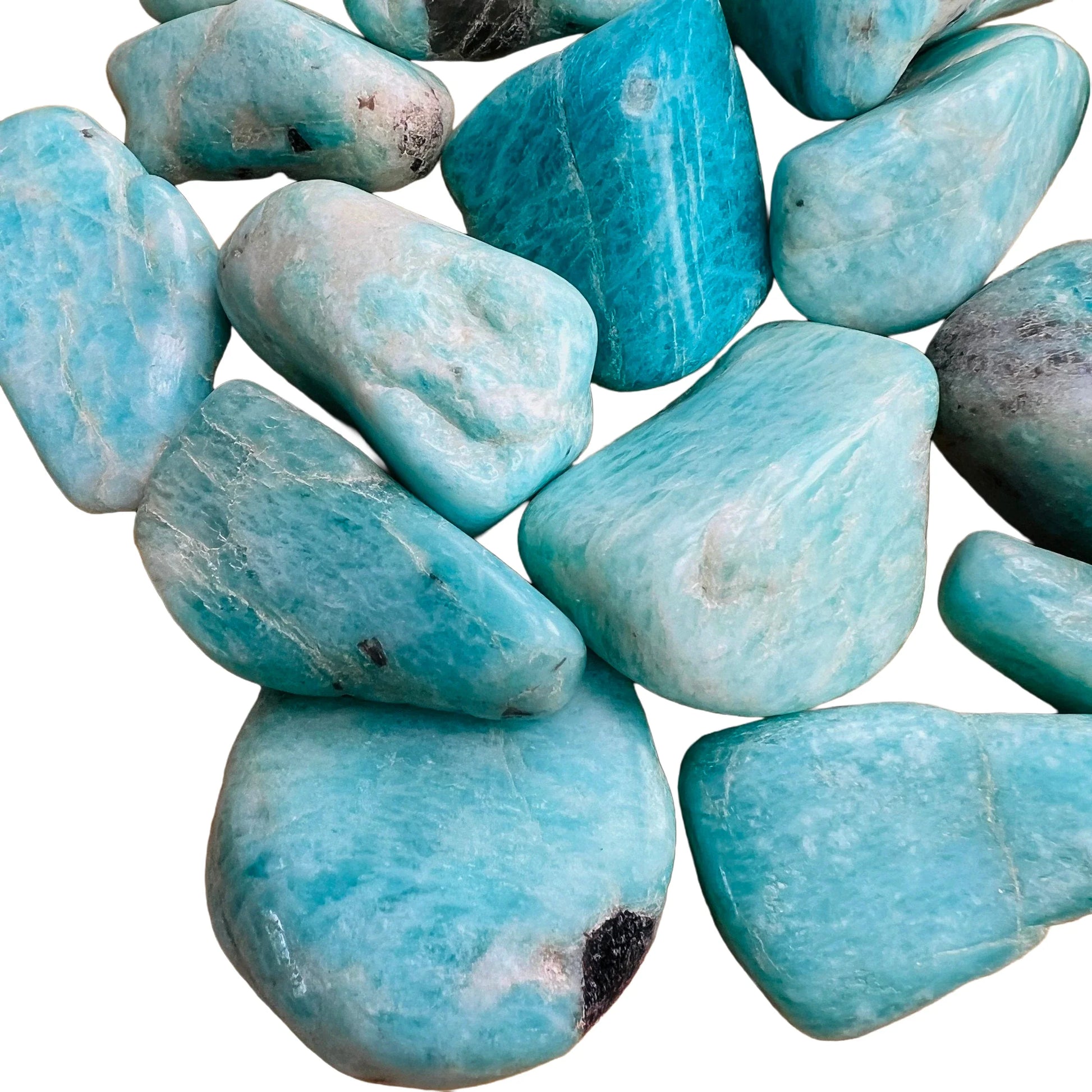 Macro view of Amazonite tumbled stone, sourced from Amboasitra, Madagascar, showing natural sheen.