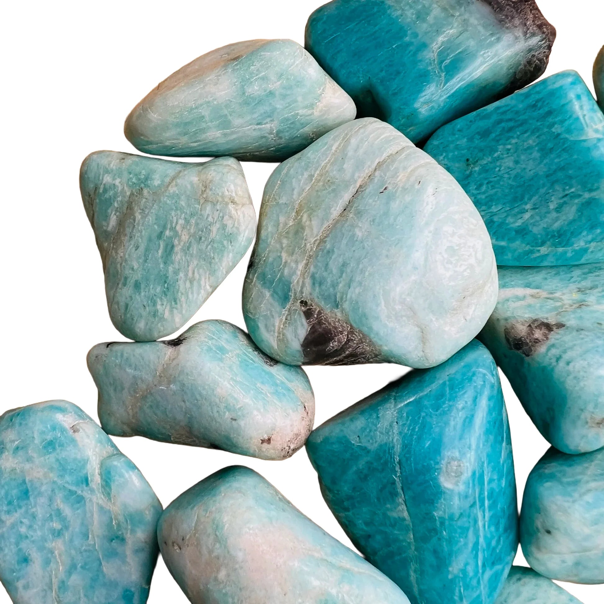 Side profile of Grade AA blue Amazonite tumbled stone, sourced from Madagascar, showing translucent edges.