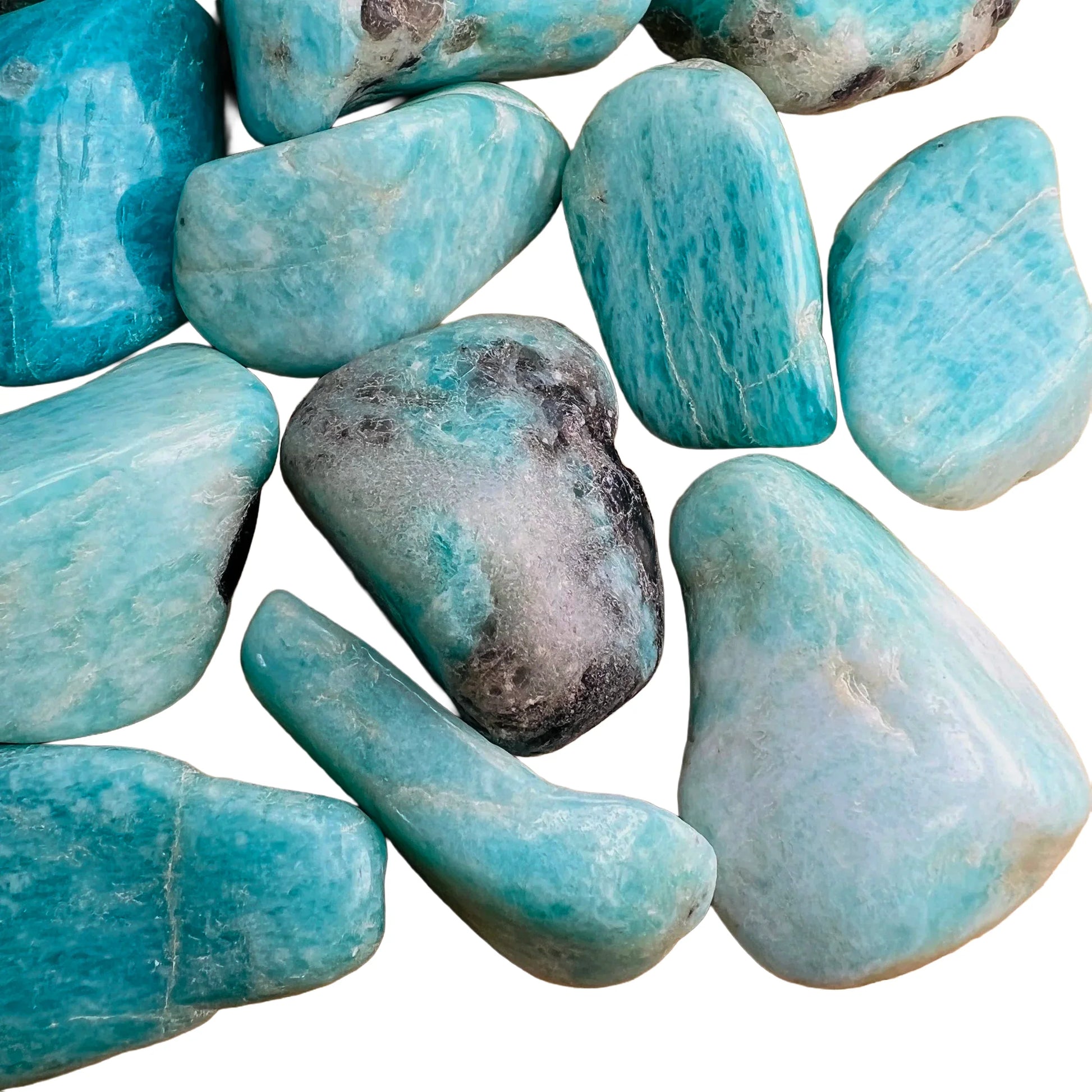 Bird's-eye view of blue Amazonite tumbled stone, traditionally used for Stress Relief, Madagascar-sourced.