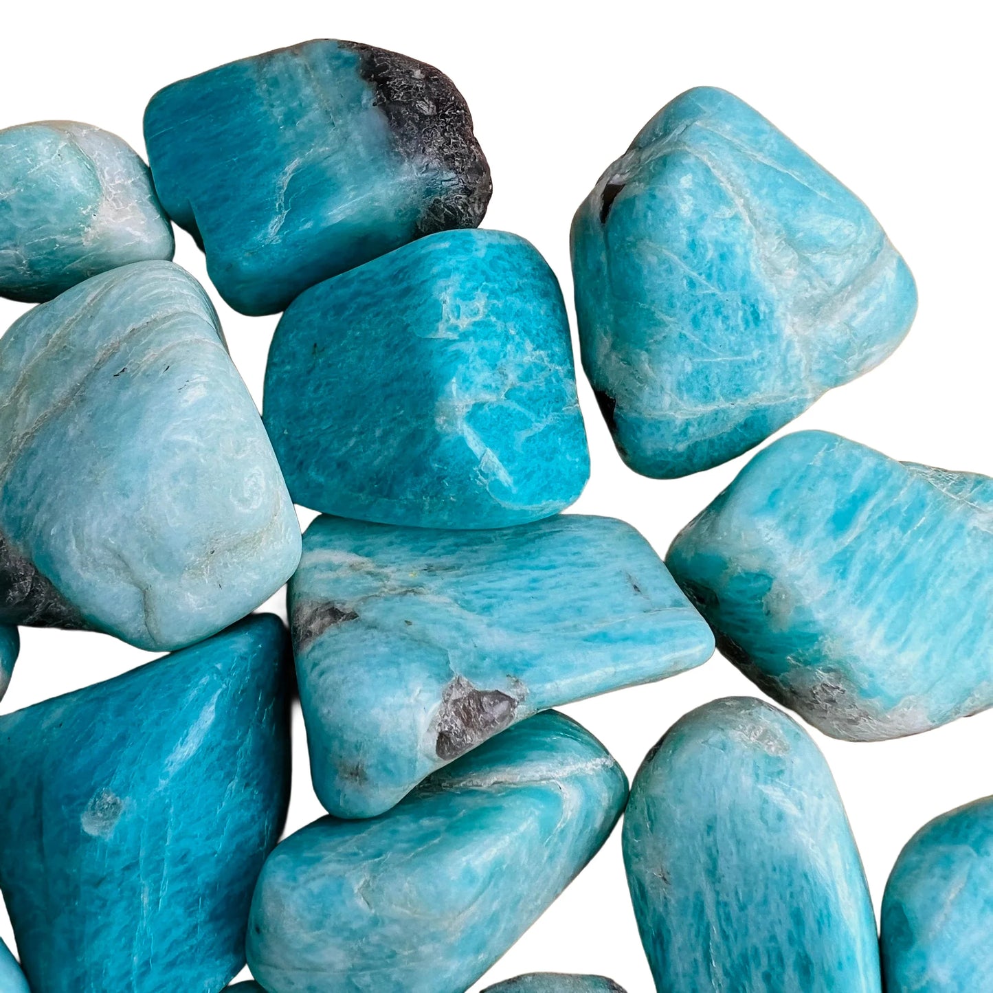 Back view of Amazonite tumbled stone, often worked with for Stress Relief, showing soft luster.