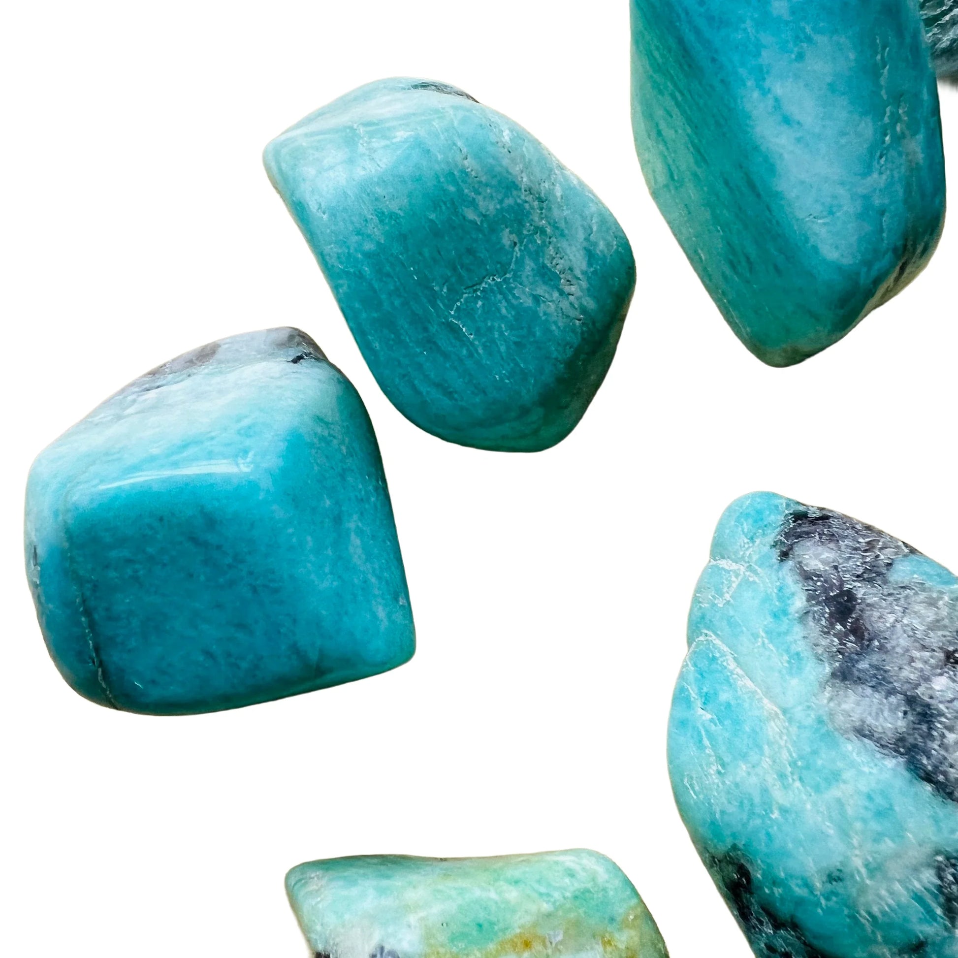 Back view of Grade AA Amazonite tumbled stone showing natural surface
