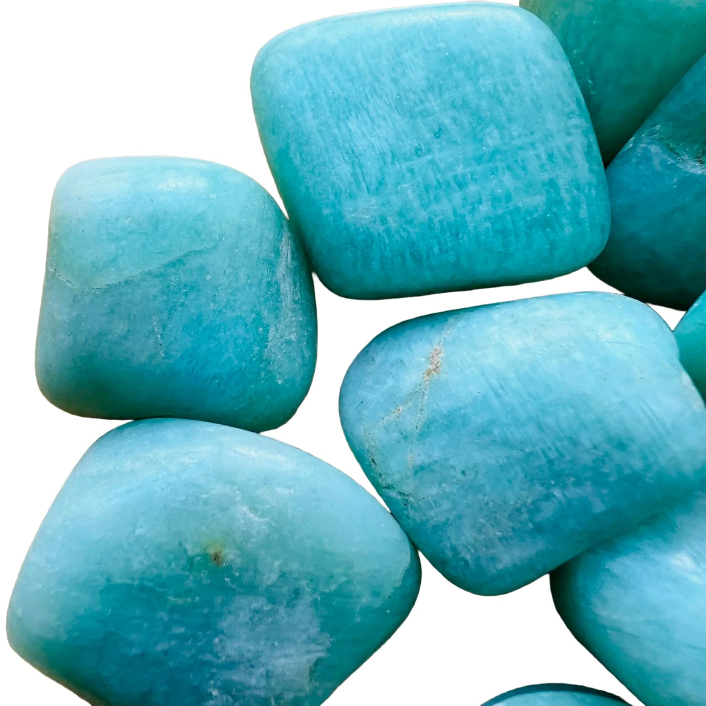 Color detail of Amazonite tumbled stone, Brazil-sourced.