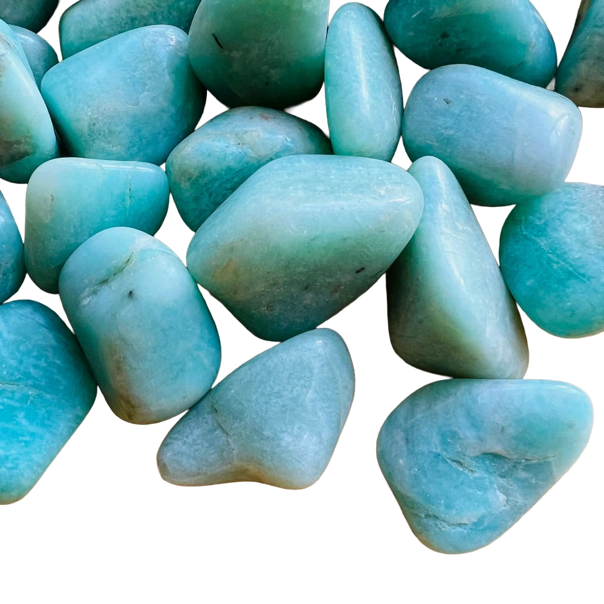 Edge view of Amazonite tumbled stone, sourced from Brazil.