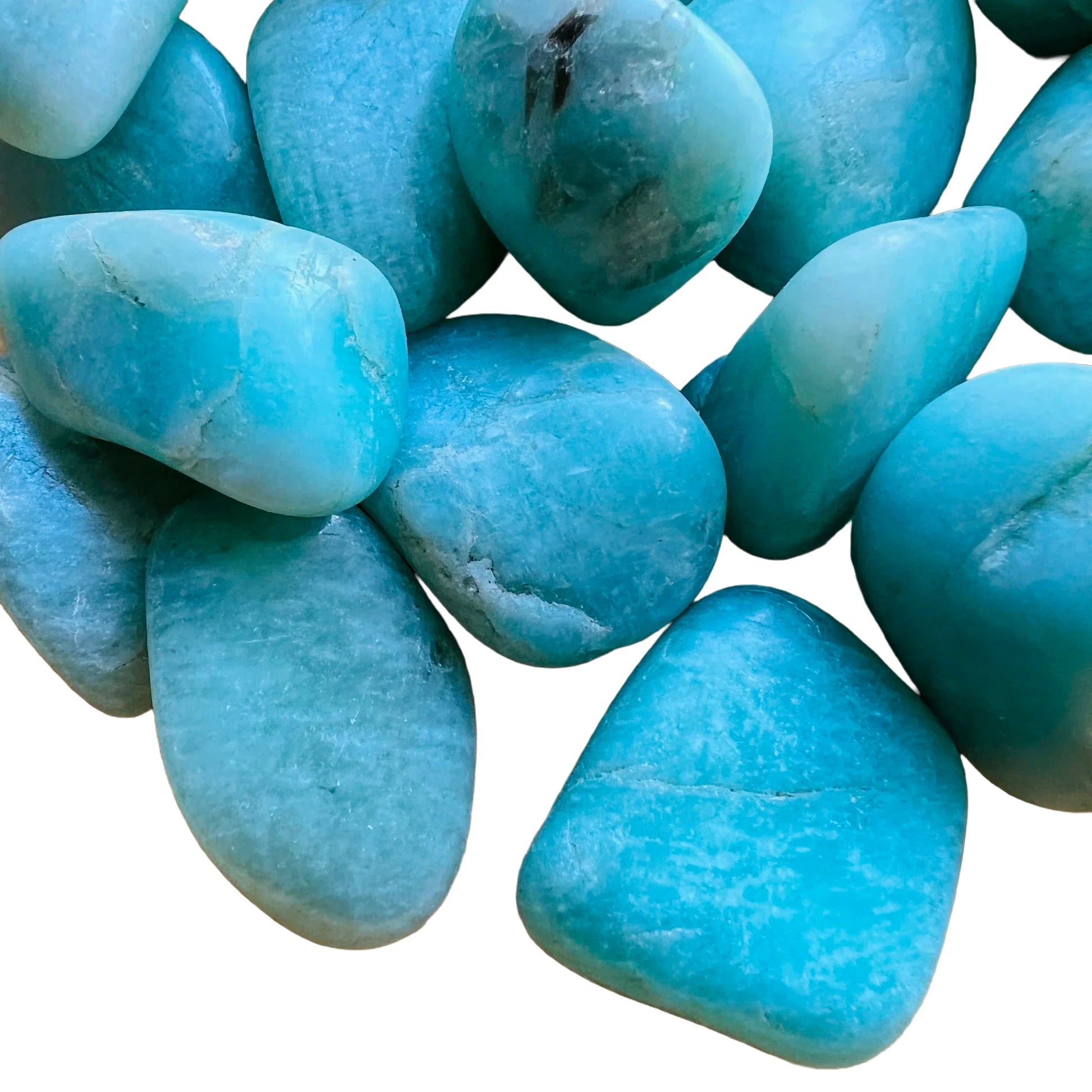 Bird's-eye view of Amazonite tumbled stone, linked to Stress Relief and Emotional Healing.