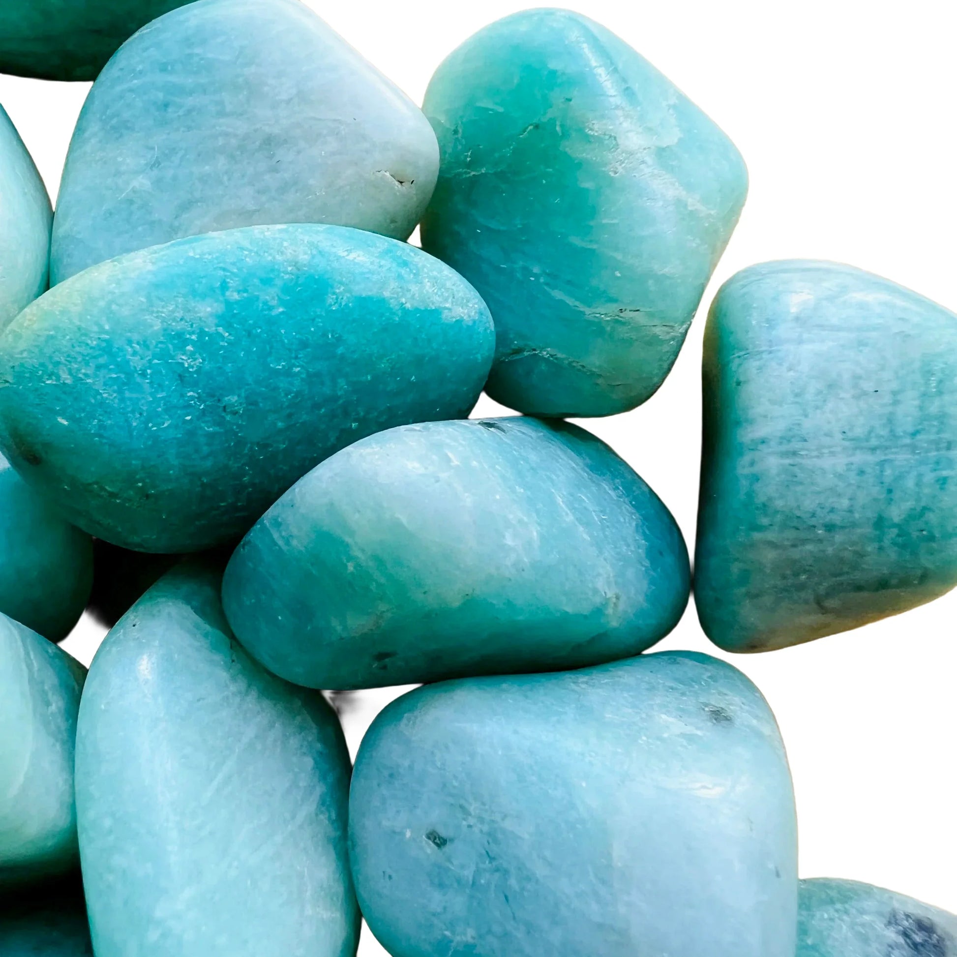 Lifestyle view of a single Amazonite tumbled stone from Brazil.