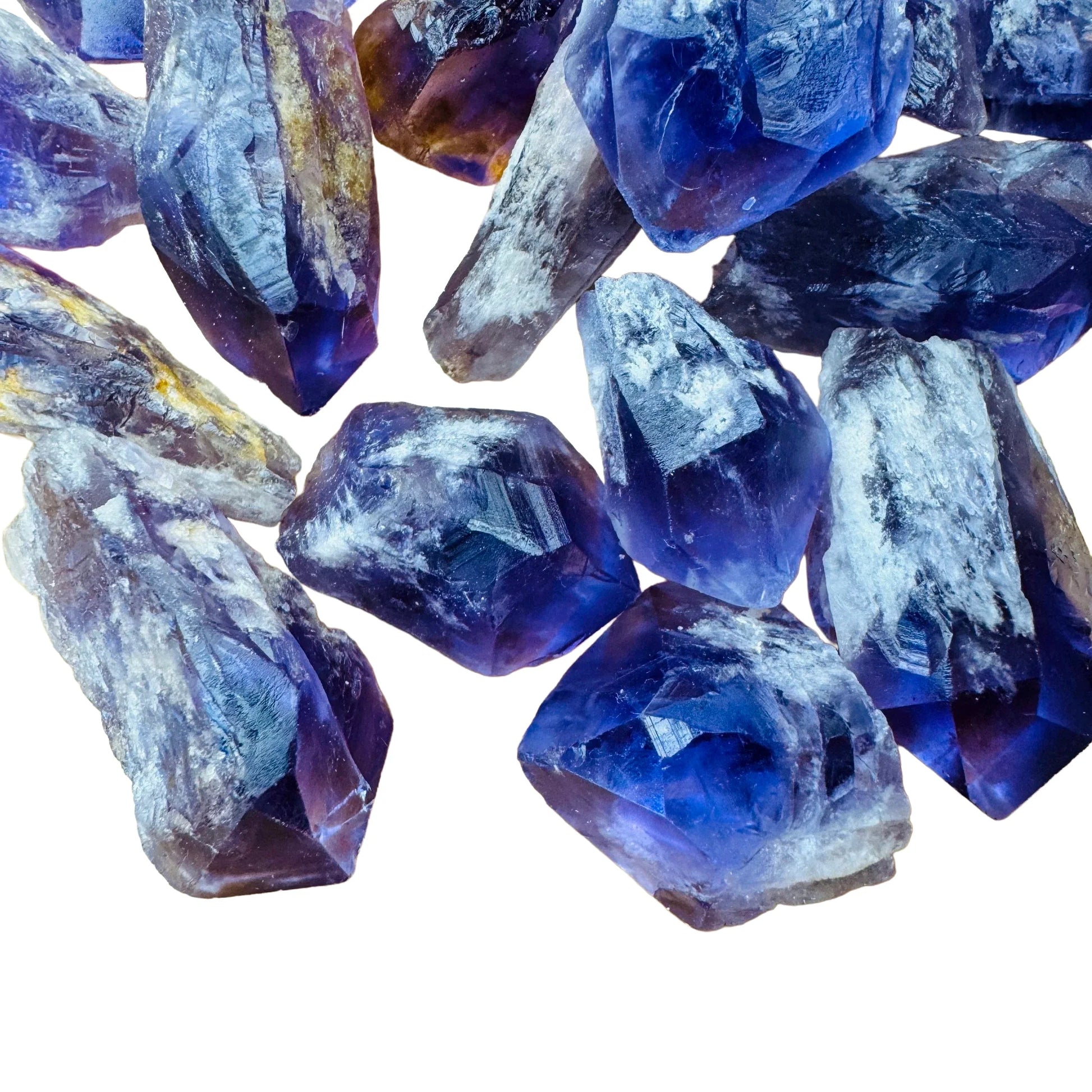 Overhead view of Grade AAA Amethyst raw point, showing raw matrix, associated with Stress Relief.